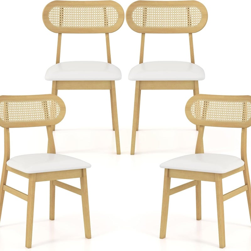 Zestaw 2 Krzeseł do Jadalni, Krzesło z Wikliną Rattanową i Wyściełanym Siedziskiem, Drewniane z Zakrzywionym Oparciem, Siedzisko 47 cm (2, Białe)