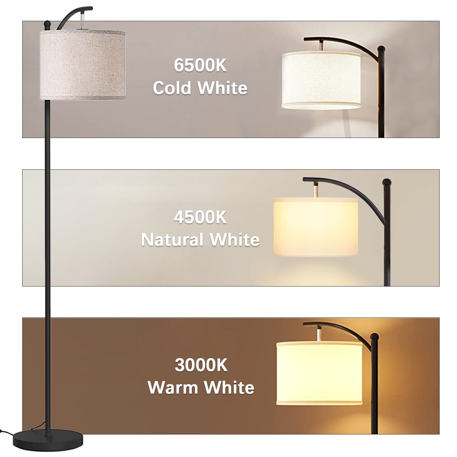 Lampadaire LED pour salon, lampadaire moderne avec abat-jour, lampes hautes avec interrupteur au pied, 3 températures de couleur (ampoule E27 incluse) - 4