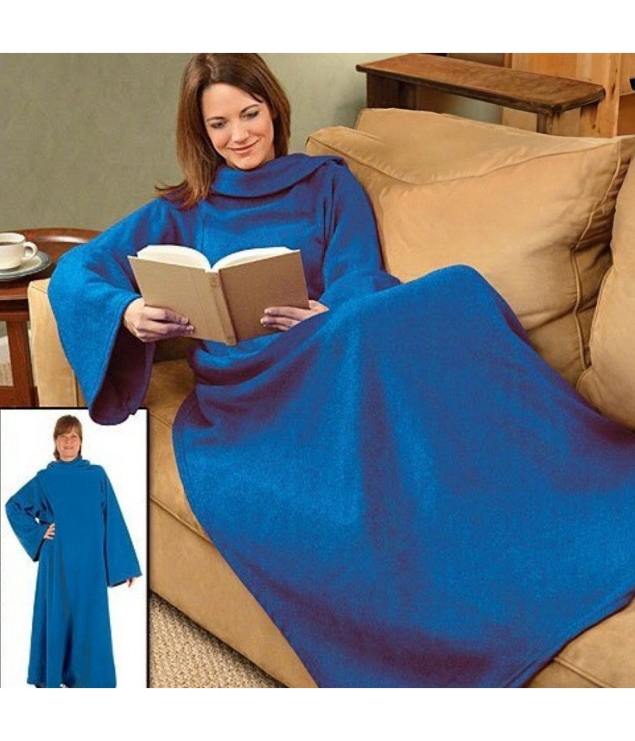 Coperta Con Maniche E Cappuccio Sherpa – Morbida Flanella 240 G/m², 120x80 Cm, Unisex, Blu, Con Tasche, Perfetta Per Relax E Campeggio - 2