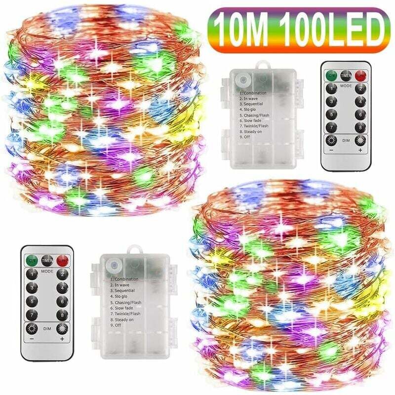 2 x 10m Șnur luminos cu LED-uri, alimentat cu baterii, 100 LED-uri, funcție de temporizator cu telecomandă, impermeabil IP65