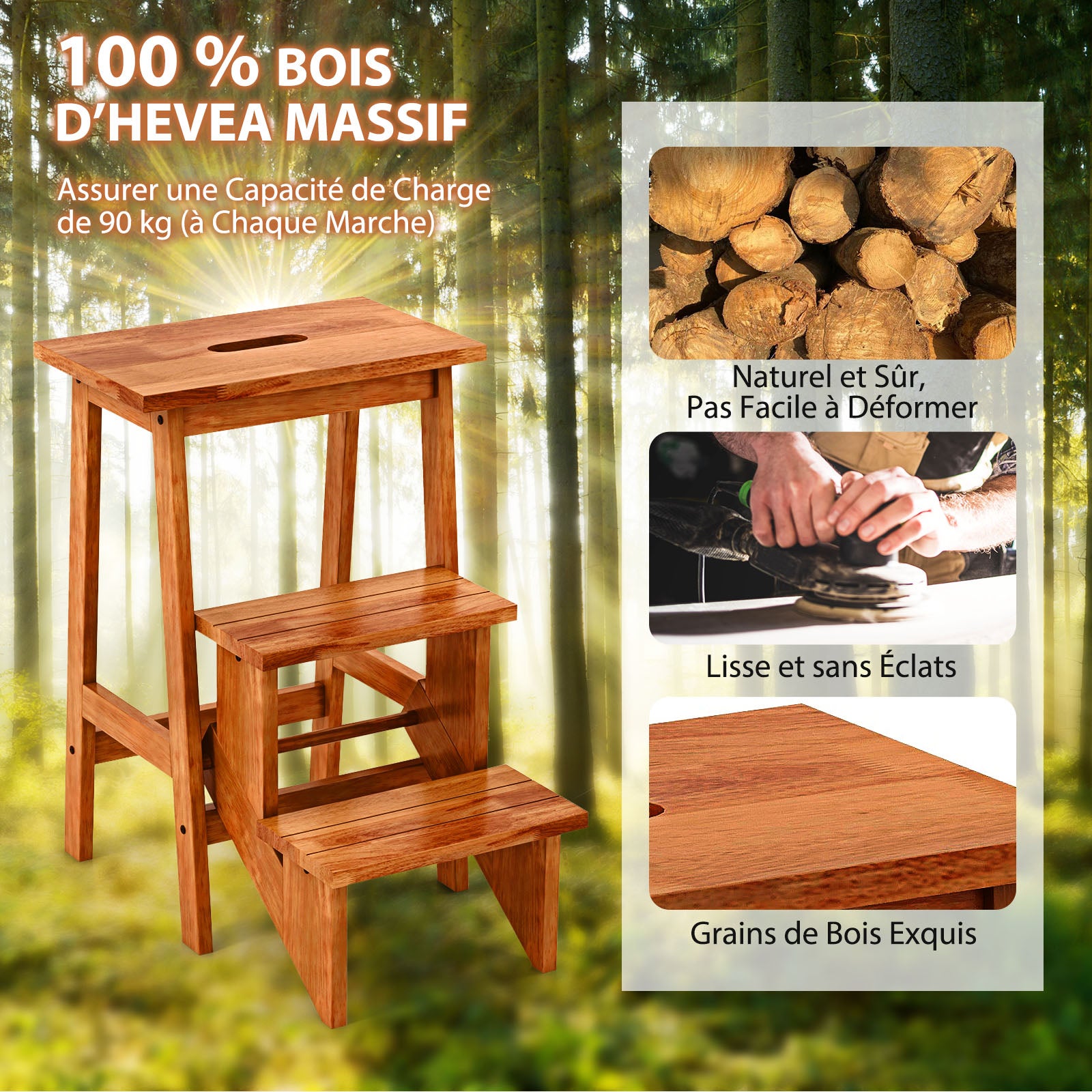 Escabeau à 3 Marches Pliable, Marche Pied en Bois d'Hévéa, 3 en 1 Tabouret Pliante avec Poignée, Patins Antidérapant,Charge 270 kg, Chêne Foncé - 4