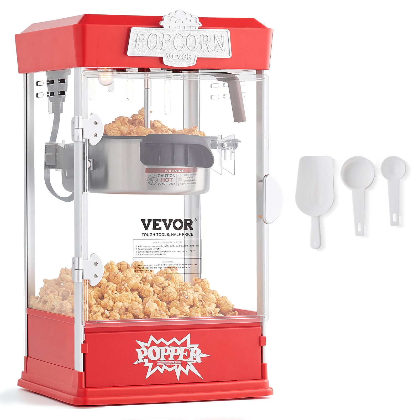 Maszyna do Popcornu VEVOR 480 W, Garnek 113 g / 5,7 L, Szkło Hartowane, 3 Łyżki, Styl Kino, Czerwona