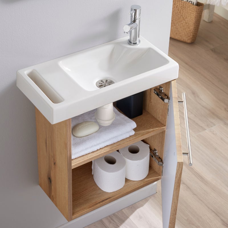 Pack lave-mains Bois Strié avec porte serviette - Robinetterie Eau froide à droite - L.48 X H. 52.5 cm - Houston - 3