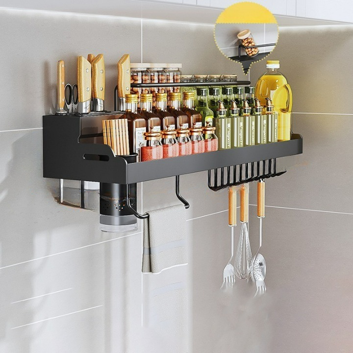 Wszechstronna kuchenna półka ścienna （50 cm - Pojedynczy uchwyt na kubek Uchwyt na nóż ścienny） Bezdryłowy uchwyt ścienny, stojak na przyprawy