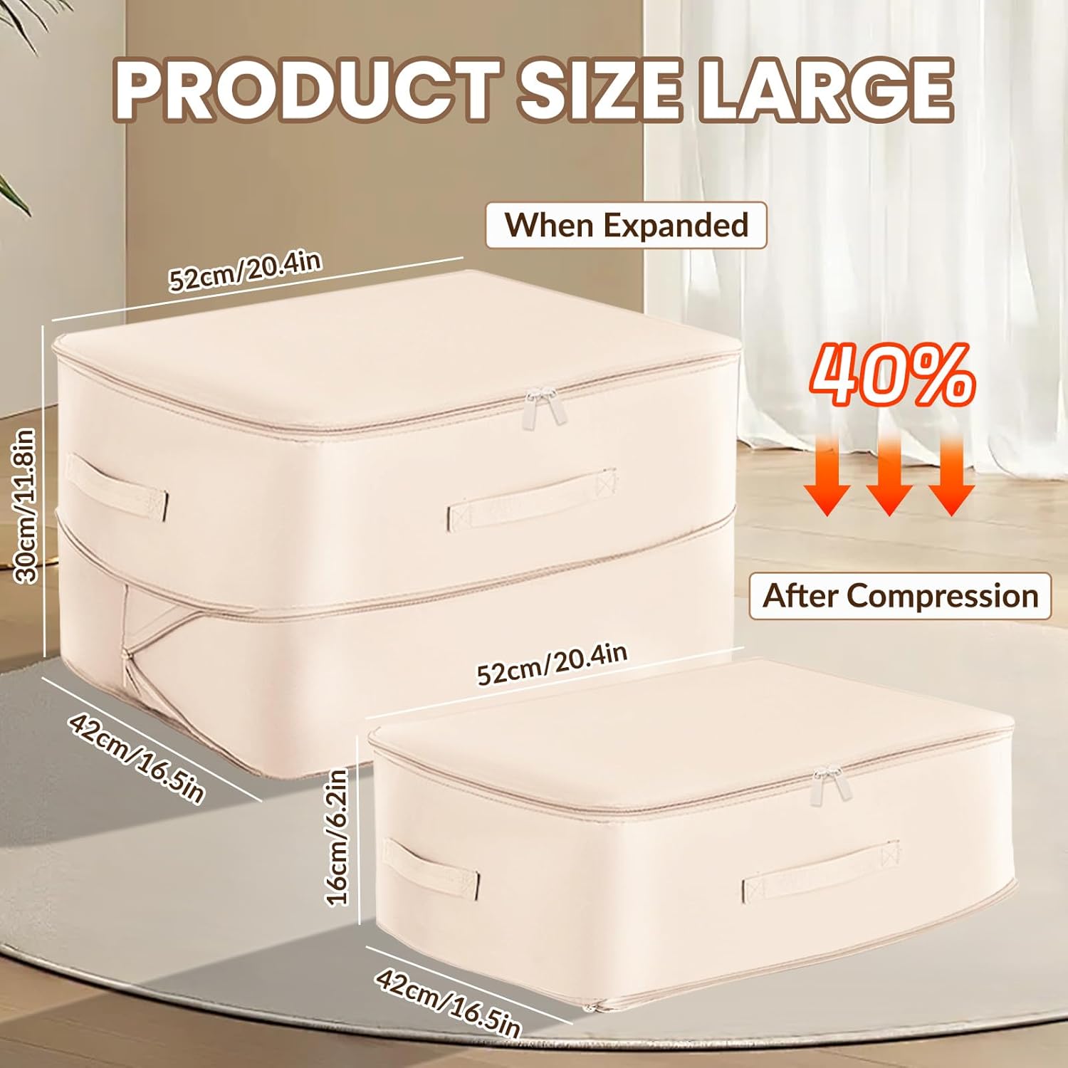 Lot de 2 Organisateur Auto-compression Ultra Peu Encombrants, Sacs de Rangement pour Couettes, Sac de Compression Voyage Empilable (Beige,52x42x30CM) - 2