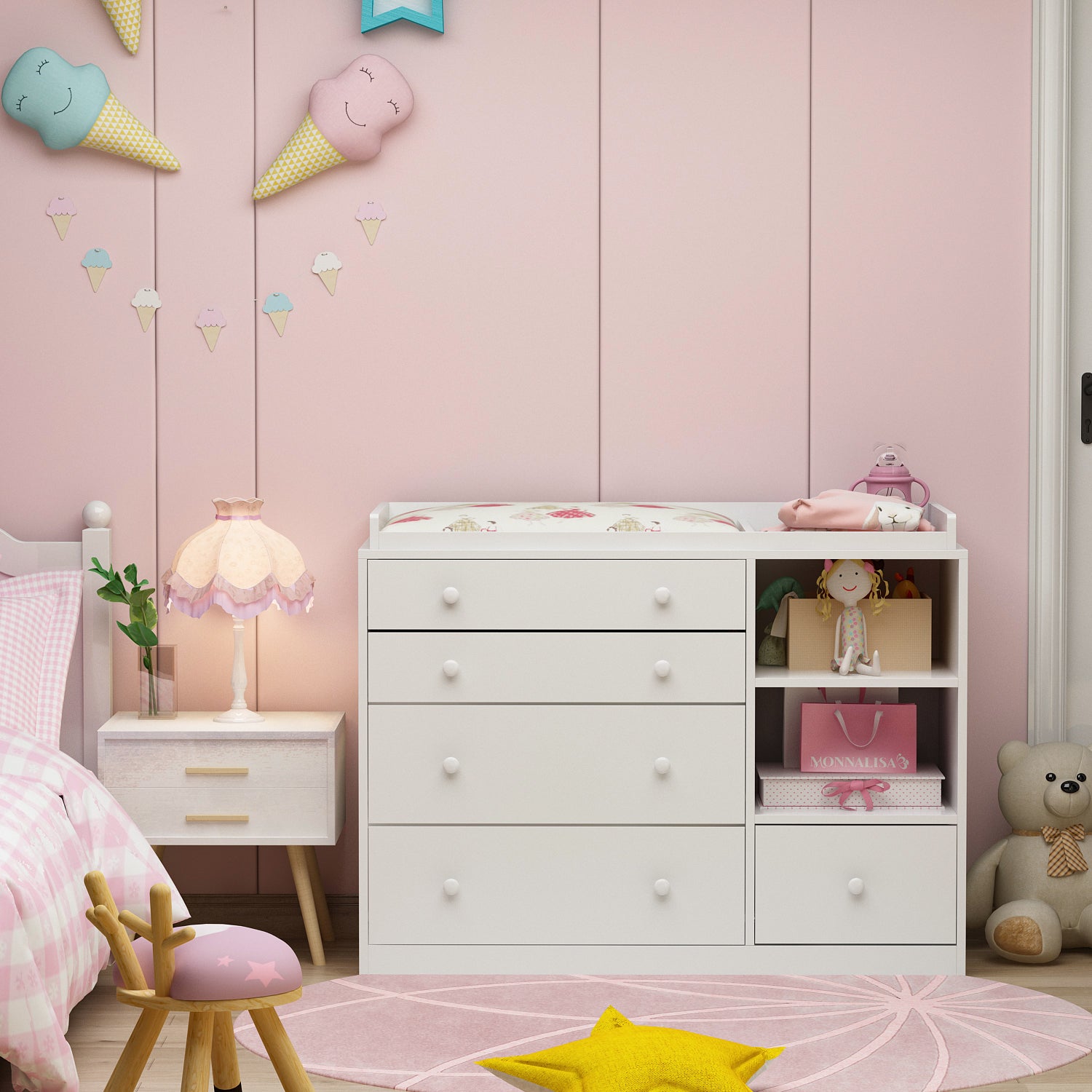 Meuble à Langer pour bébé,Table à langer,Commode,Compartiments ouverts,5 tiroirs et étagères,Chambre,Blanche,120x50x91.5cm - 6