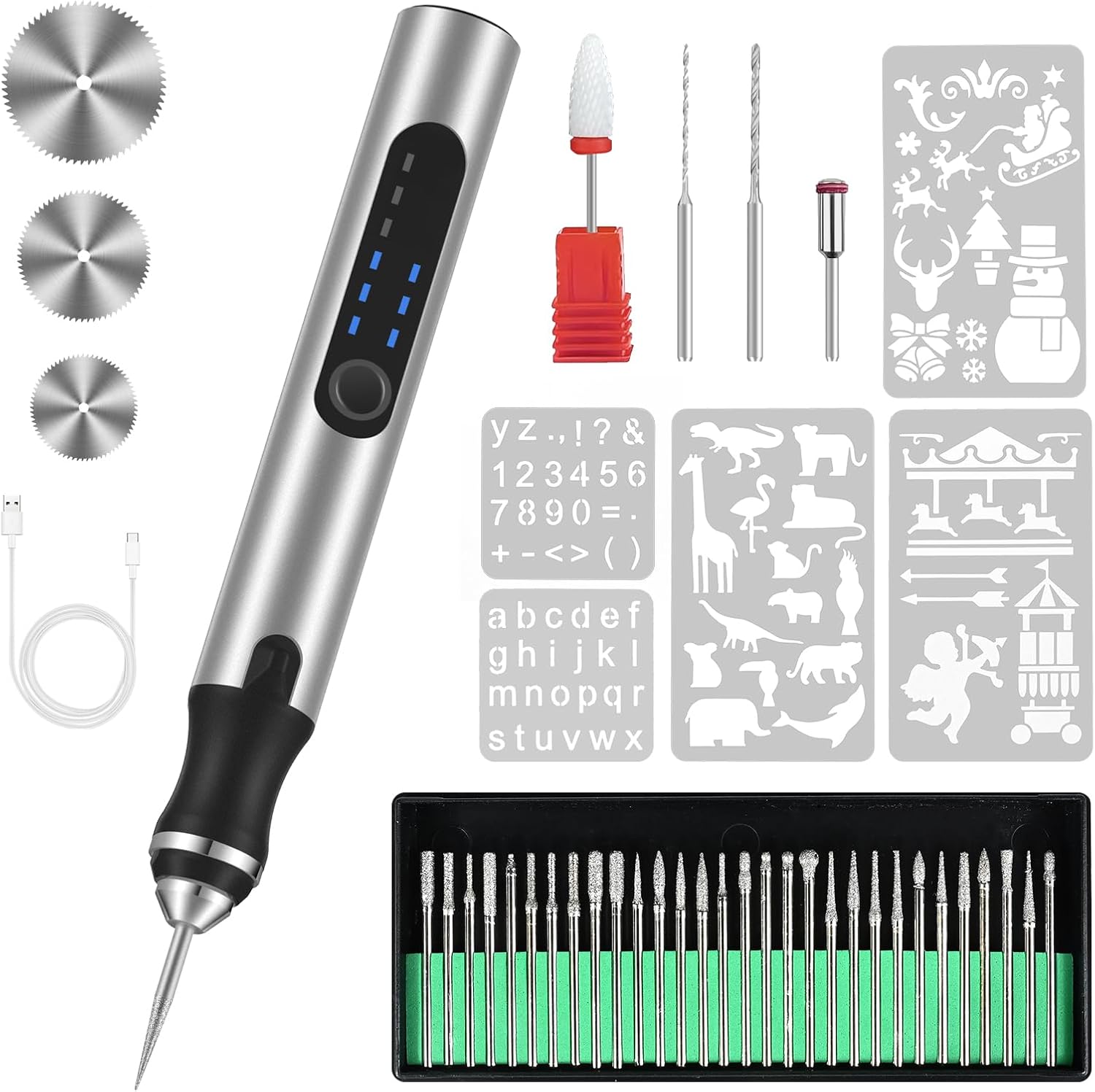 Elektryczny długopis grawerujący – zestaw narzędzi do grawerowania ładowany przez USB – z 37 końcówkami i 5 szablonami (srebrny)