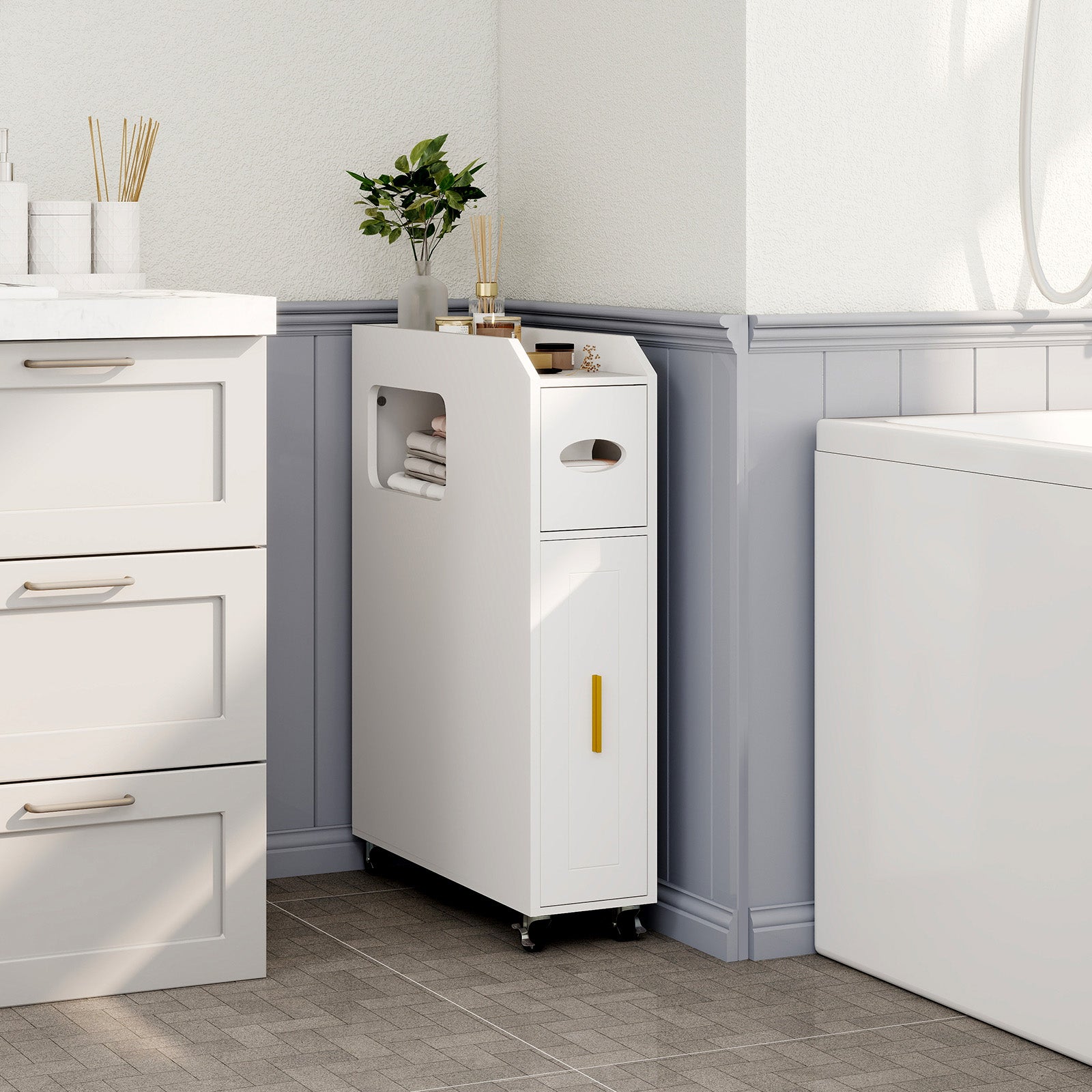 Credenza da Bagno Piccolo, Mobile Salvaspazio Stretto e Slim con Cassetto Scorrevole, Porta Fazzoletti, Portascopino e Ruote Bloccabile, Armadietto pe - 4