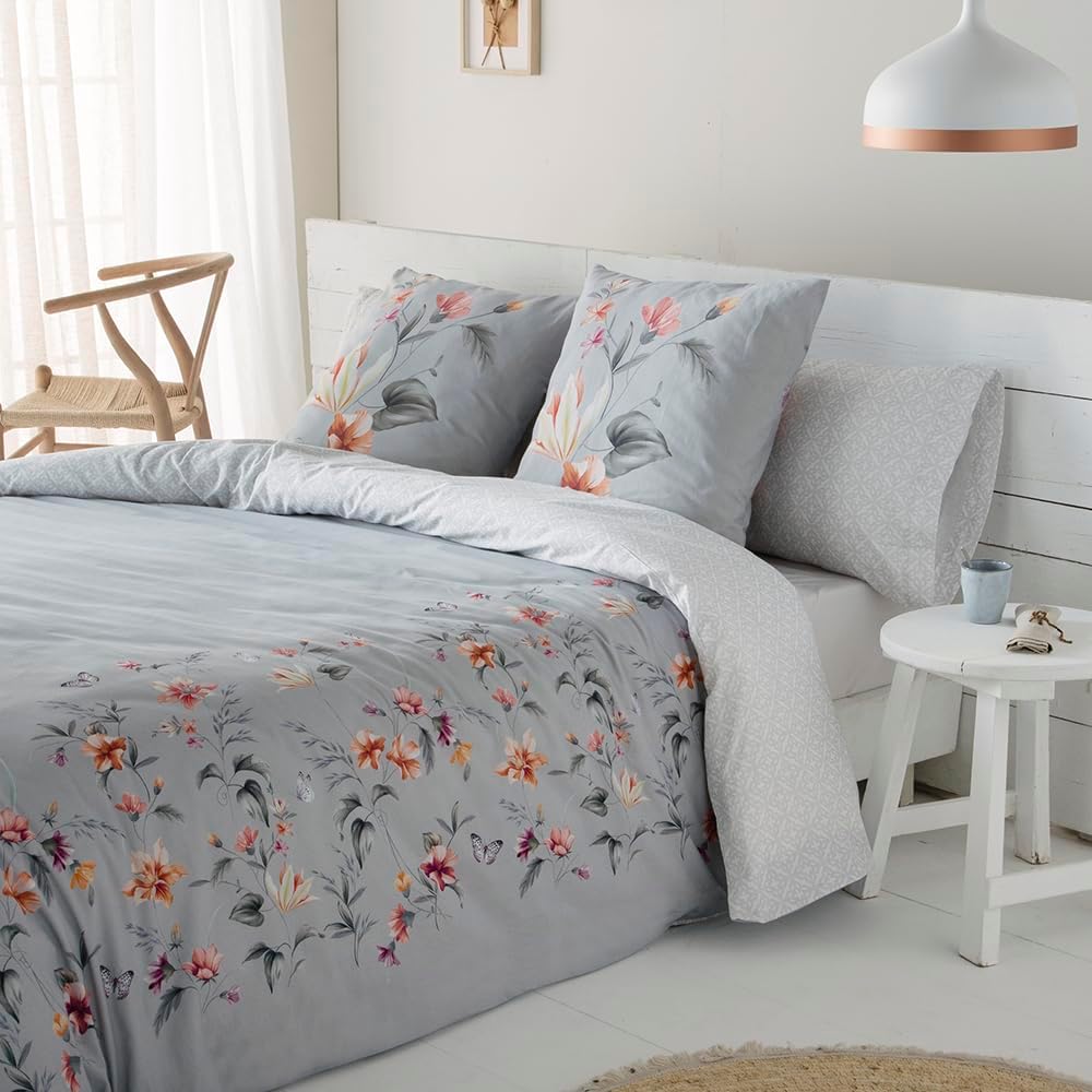 Parure De Lit 100% Coton 144 Fils Gris Bleuté 90x190/200 Cm - COTTON ARTean