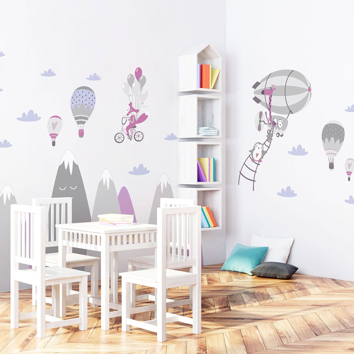 Vinilo niño escandinavo de montaña animales raros - adhesivo de pared - revestimiento sticker mural decorativo - 90x135cm - 3