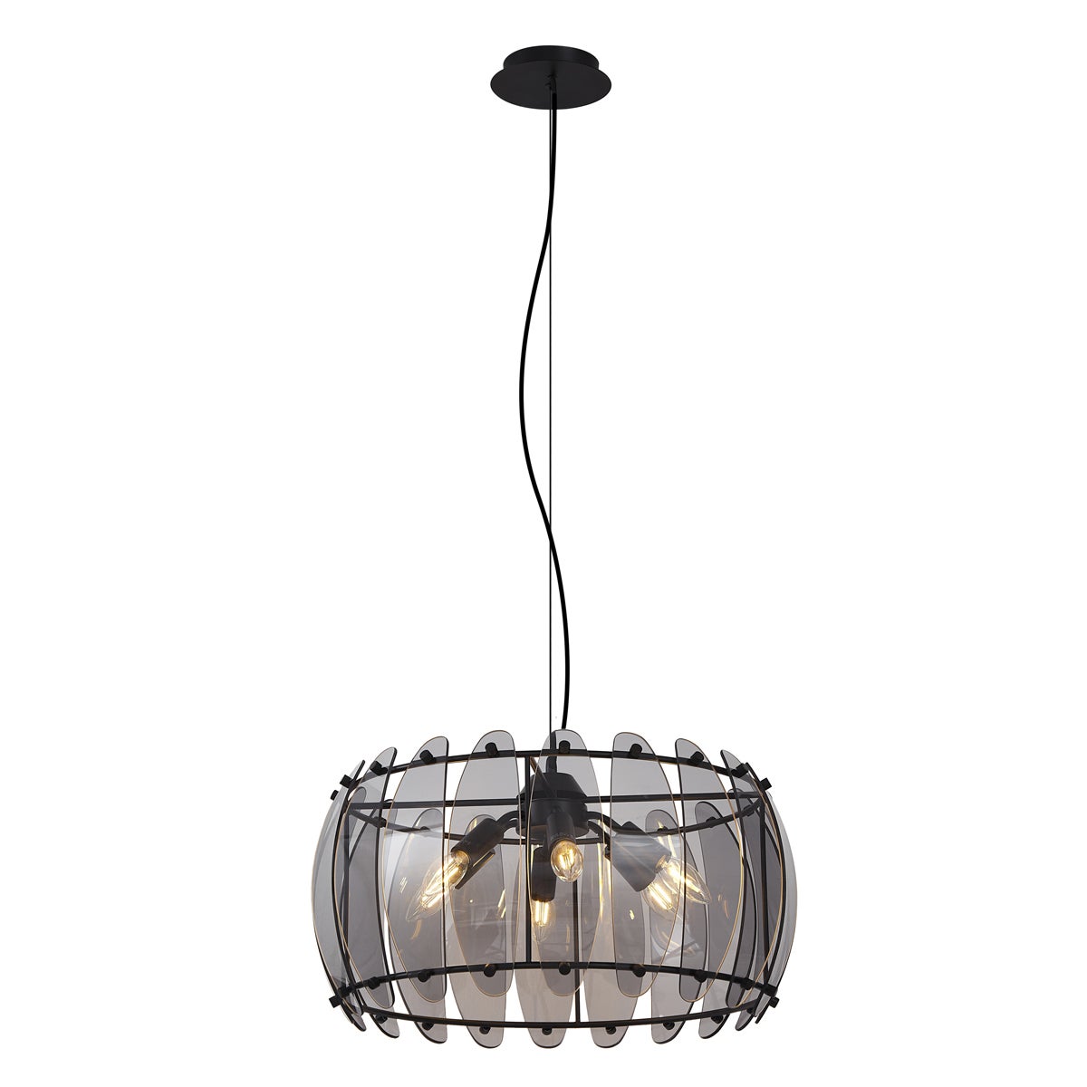 Designerska lampa wisząca czarna z okrągłym przydymionym szkłem, 6-punktowa - Mochan