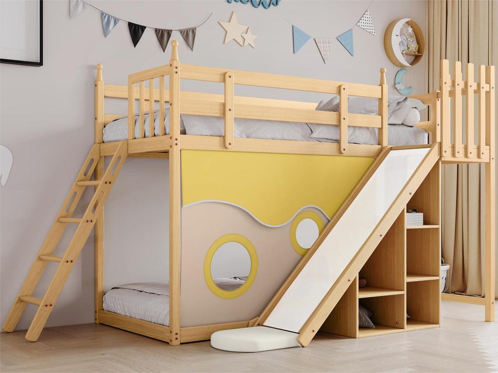 Lit Superposé Enfant Avec Toboggan Et Échelle - 90x200 Cm - Forme Maison - Pin Et MDF - Blanc/Naturel