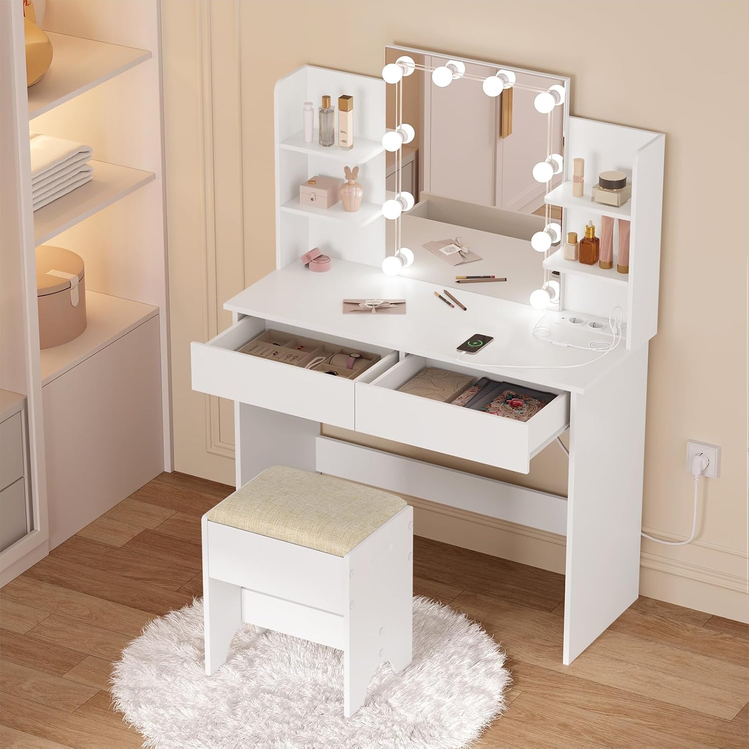 Coiffeuse avec Miroir LED WOLTU, Table de Maquillage avec Miroir, Coiffeuse avec 2 Tiroirs et 4 Étagères, Blanc, 90x135x40 cm - 3