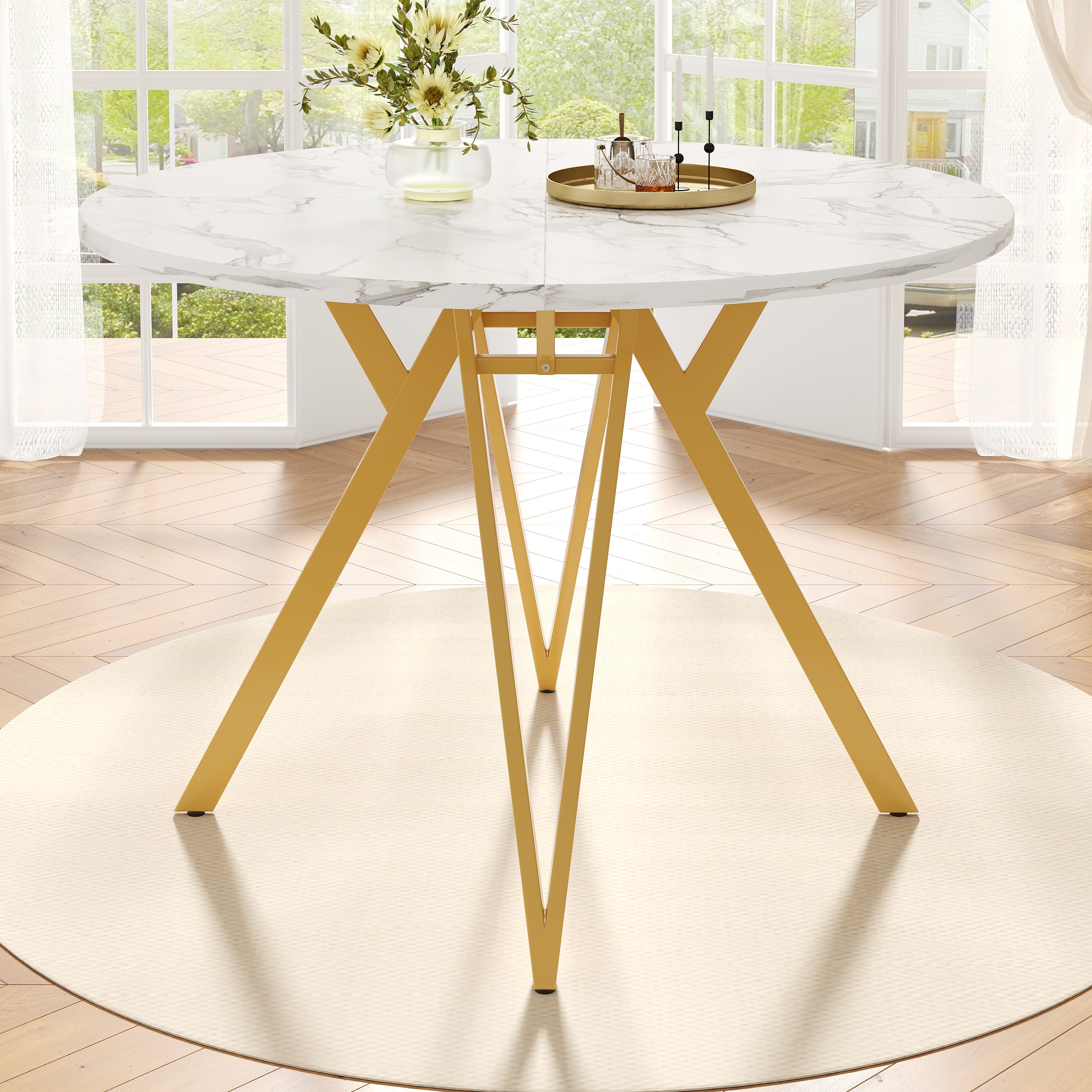 Okrągły stół jadalny dla 4-6 osób - D 100 x W 76 cm - Blat z płyty MDF marmurkowy i nogi z metalu w kolorze złotym - Biały