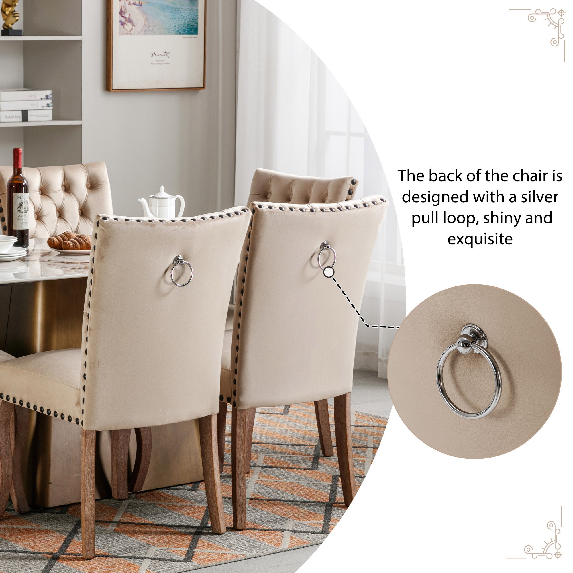 Chaises de salle à manger (chaises de cuisine avec dossier arrondi distinctif, lot de 2), pieds en bois massif, couleur camel clair - 5