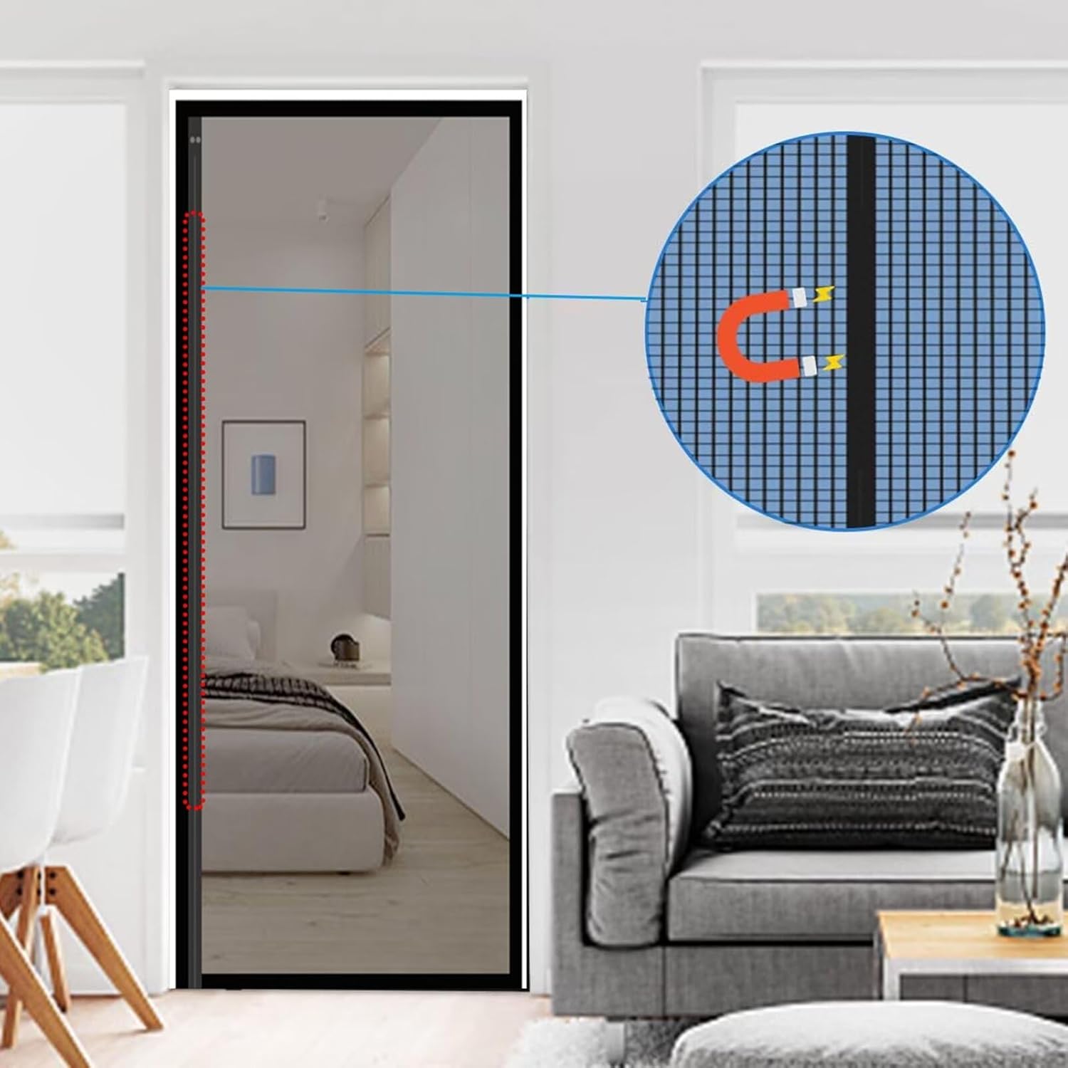 Zasłona drzwiowa przeciw owadom z magnesami, antykomarowa magnetyczna zasłona drzwiowa, czarna, 90 cm x 200 cm - 2