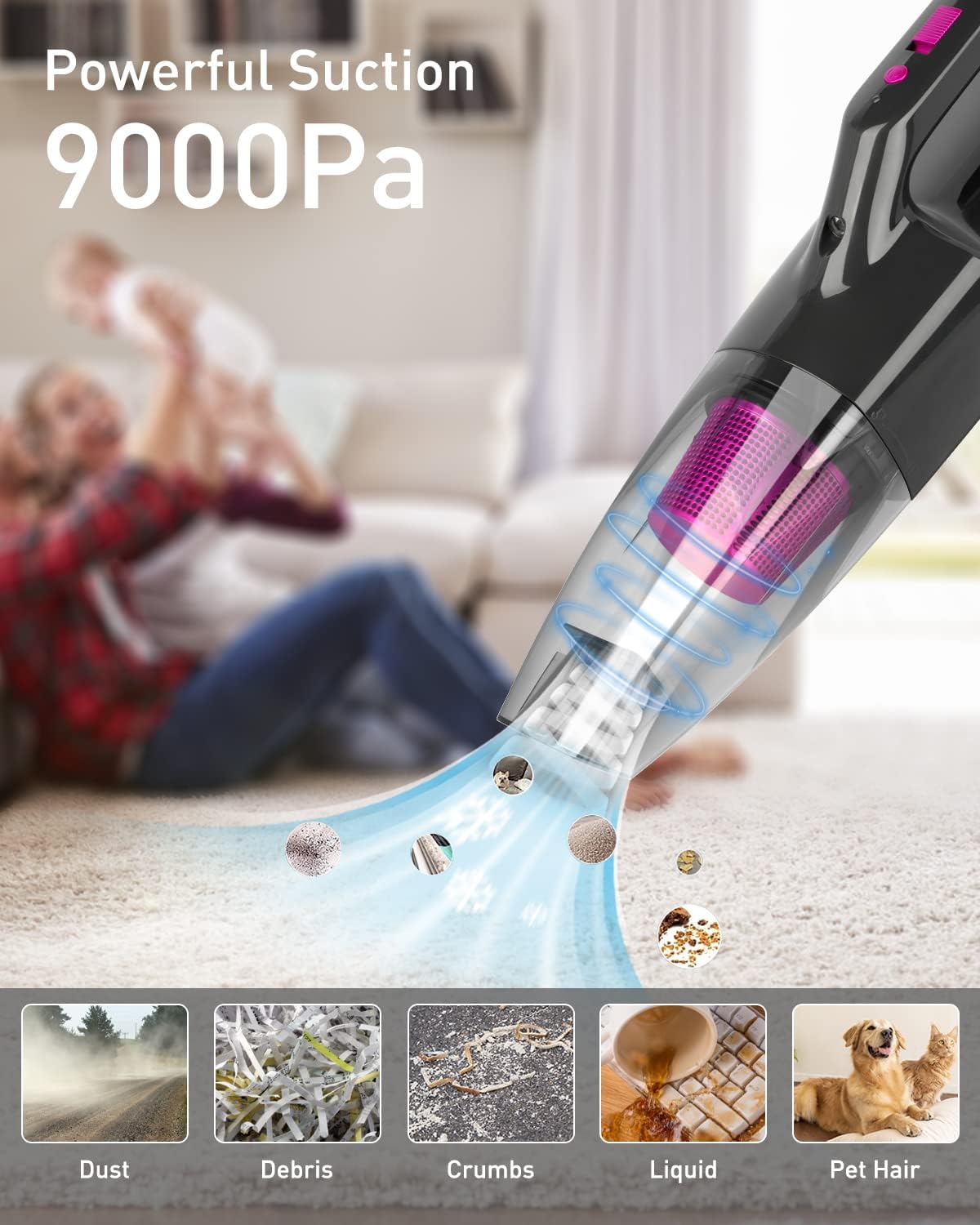 Aspirapolvere portatile senza fili 9000 Pa – Filtro HEPA lavabile e luce  LED – Per auto, tavolo e casa, per liquidi e solidi