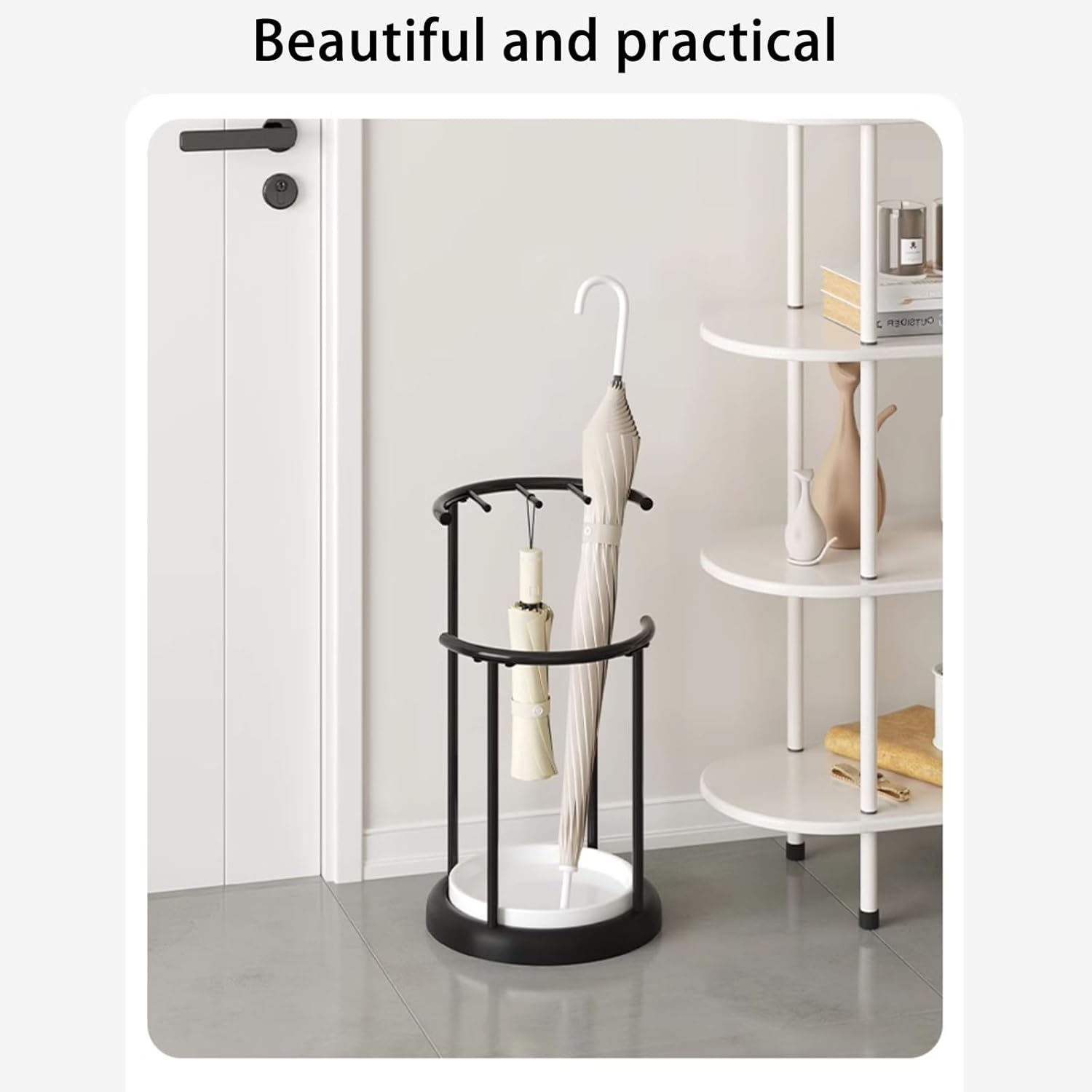 Porte-parapluie cylindrique en métal de grande capacité, seau à parapluie moderne avec cadre en métal, support de rangement pour parapluies (noir) - 2