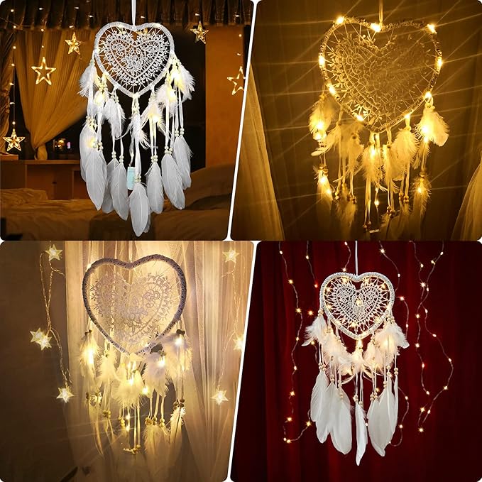 Attrape de Rêves LED, Faite Main Capteur de Rêves en Plumes Lumineux Dream Catcher pour Chambre Maison Décoration Tenture Murale Mobile Decoratif Fill - 4