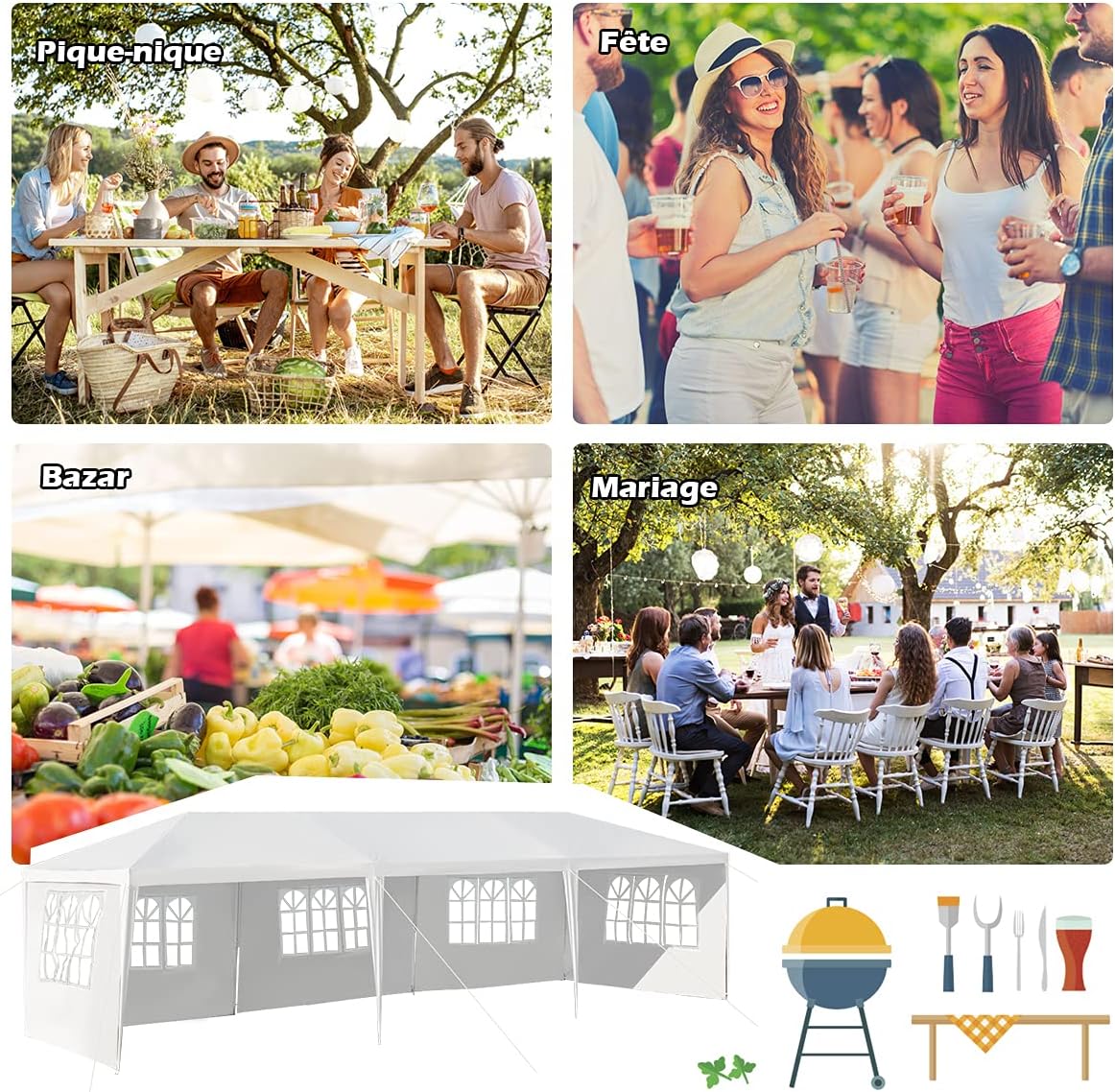 Tonnelle 3x9M Tente de Réception 5 Bâches avec Fenêtres-Pergola avec Piquets et Cordes-Tissu étanche/Résistant au Soleil - 6