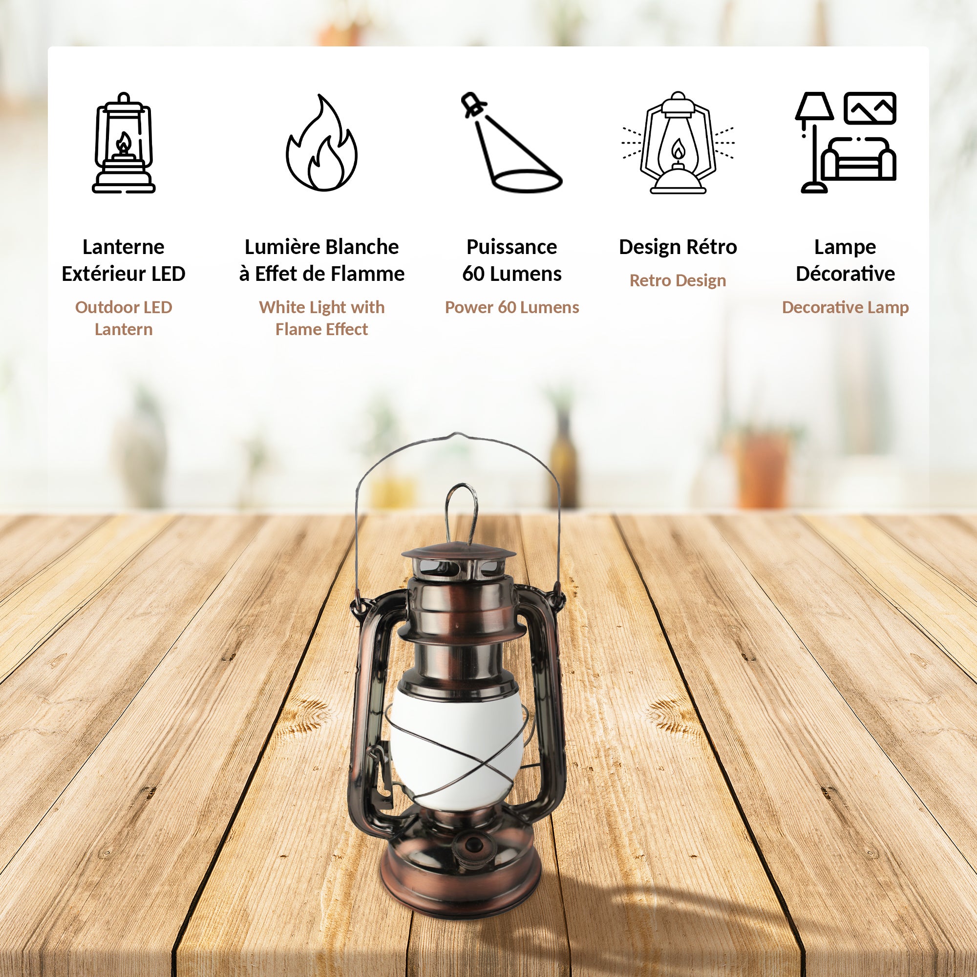 Lanterne Exterieur LED - Lumiere Blanche ou avec Effet de Flammes - Lampe Tempete - 60 Lumens - Design Retro - Etanche - 24 x 15 CM - Finition Laiton - 3