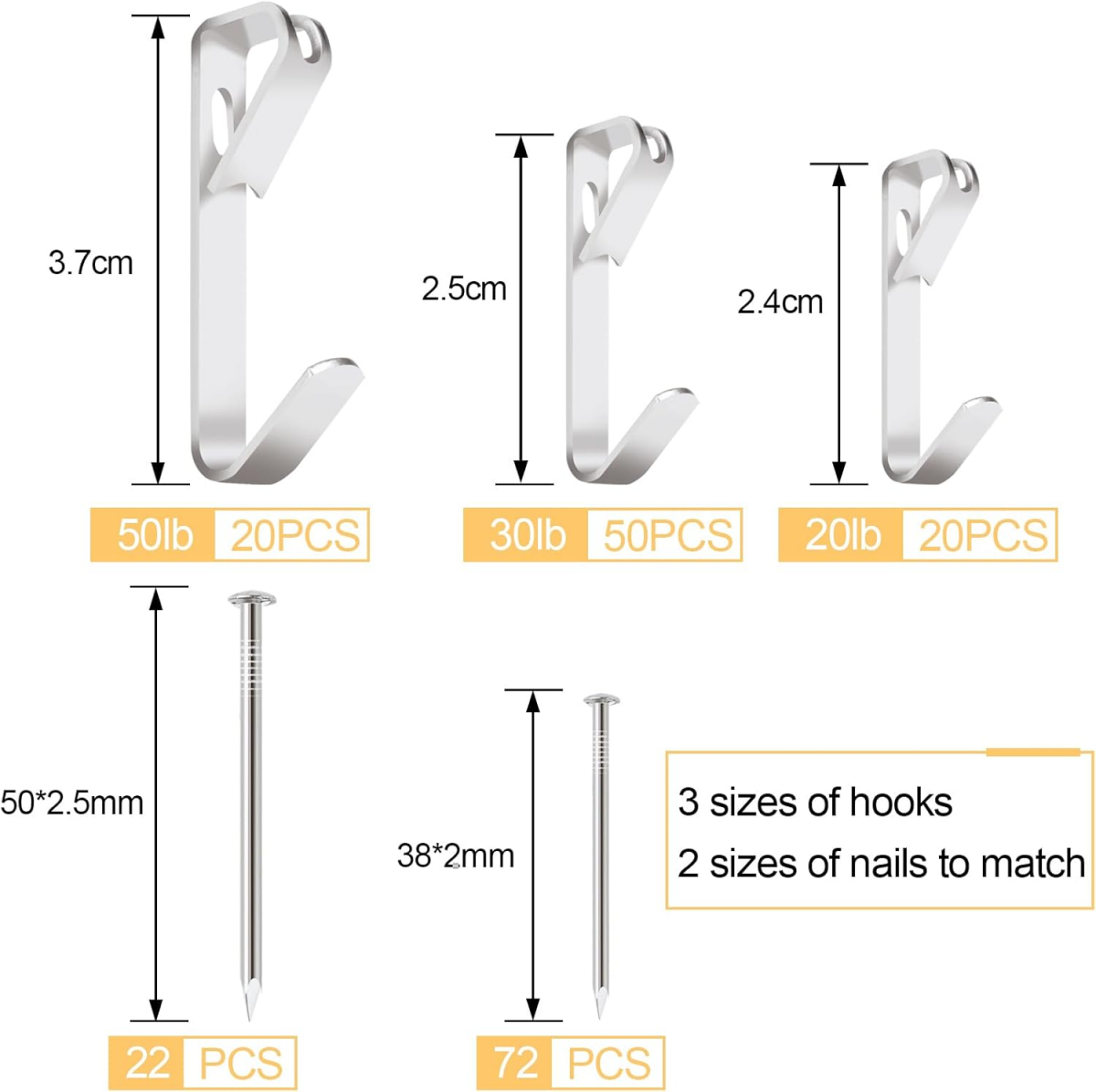 Kit de suspension de tableaux de 184 pièces avec crochets métalliques à clous pour cloisons sèches et murs en bois, argent - 2