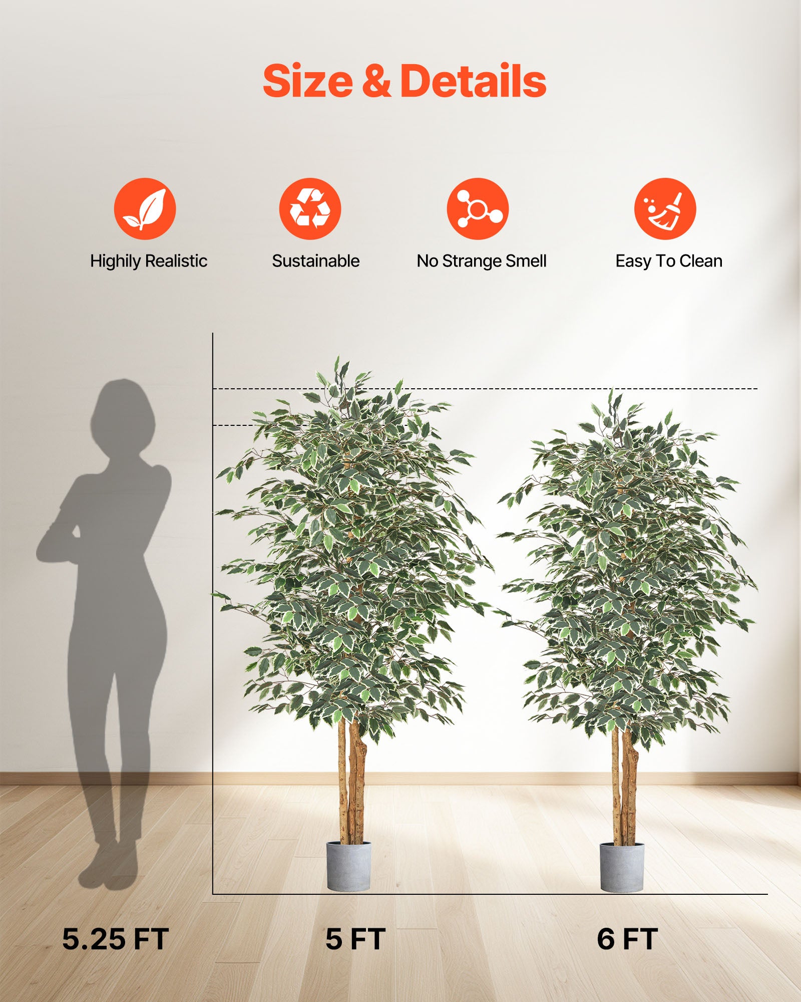 Árbol artificial VEVOR 1,8 m,planta ficus artificial de polietileno con maceta negra,ideal para oficina,salón,dormitorio y decoración del hogar. - 2