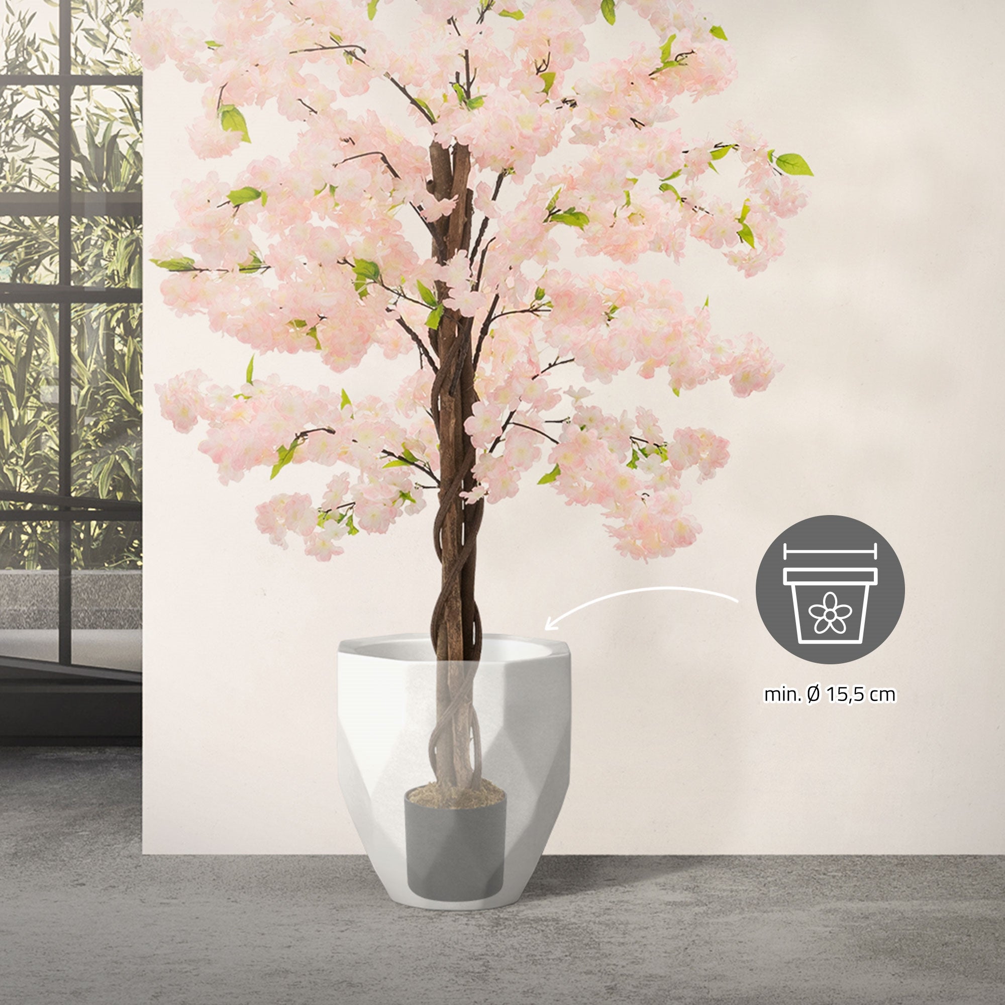 Plante artificielle cerisier 150 cm faux arbre décoratif imitation réaliste en plastique avec des fleurs roses pot inclus pour intérieur et extérieur - 5