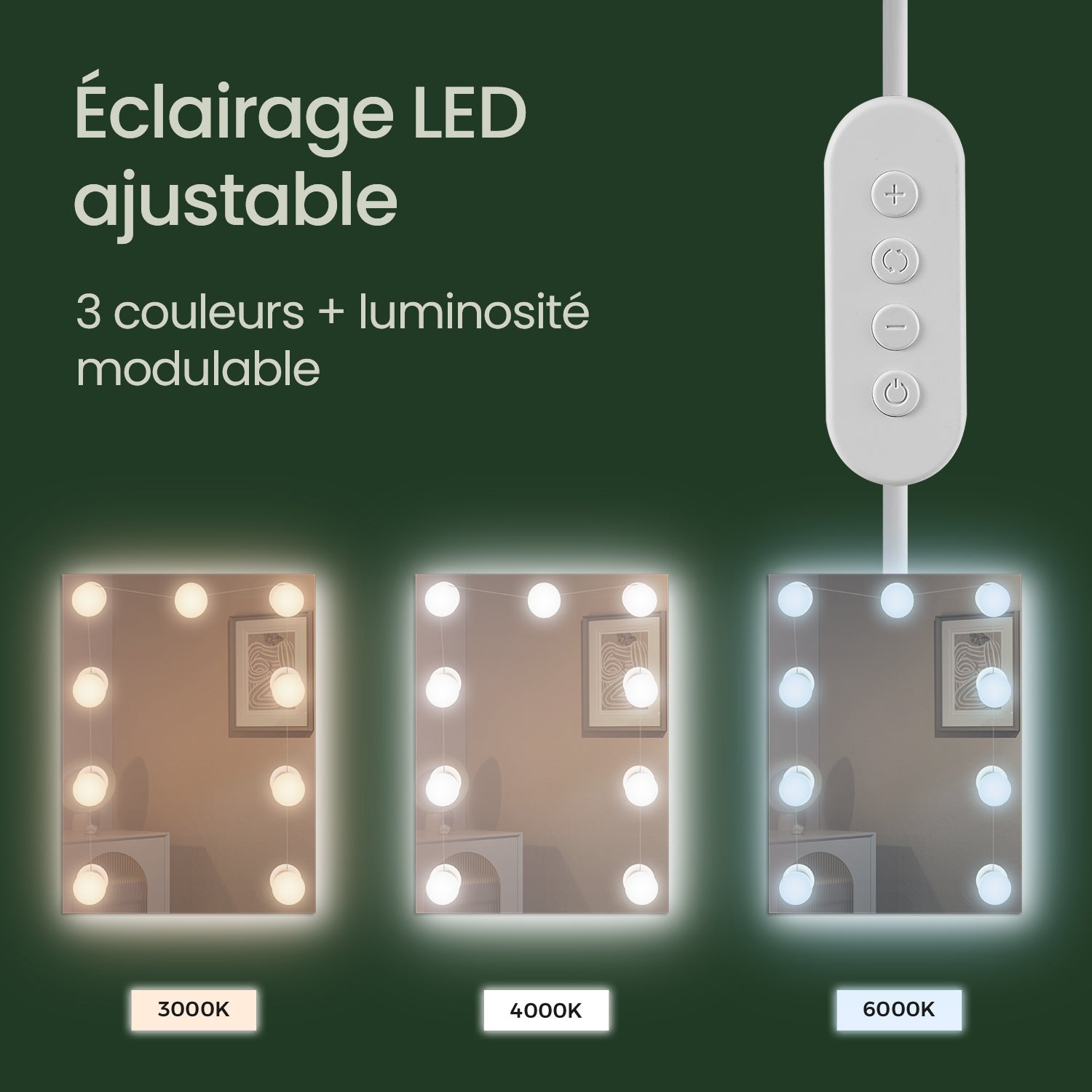 Coiffeuse avec 9 Lumières LED, 3 Tonalités et Luminosité Réglable, Moderne, avec Miroir, Étagères Réglables, 2 Tiroirs, Blanc Nuage - 6