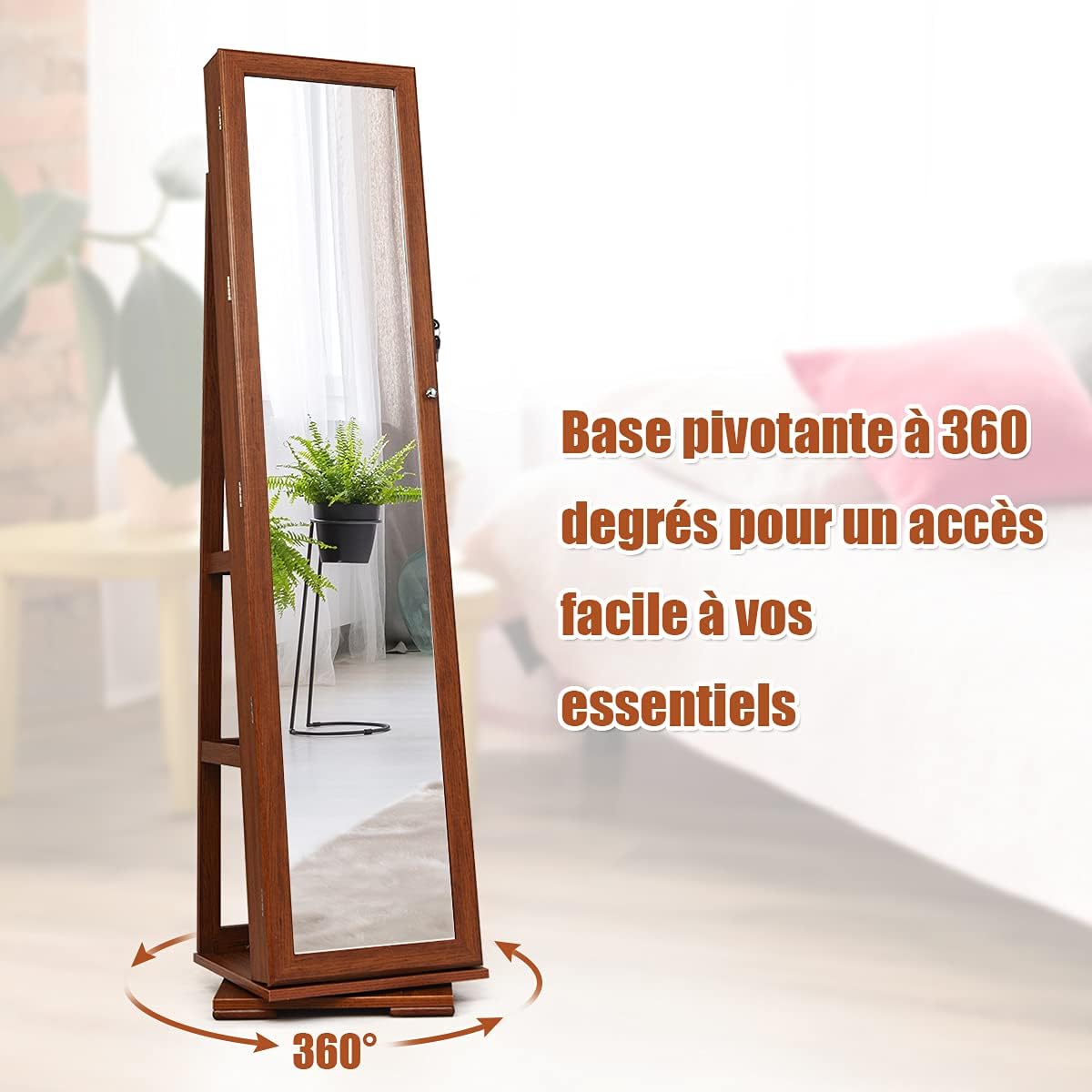 Armoire à Bijoux Pivotante à 360 Degrés sur Pieds,avec Grand Miroir Psyché et Etagère de Rangement à L’Arrière (Marron) - 8