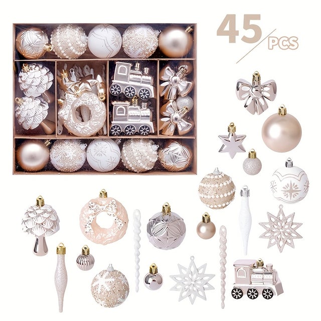 Ensemble de 45 décorations de Noël festives - Boules de Noël en plastique à suspendre pour fêtes et décorations d'arbres, décorations de Noël