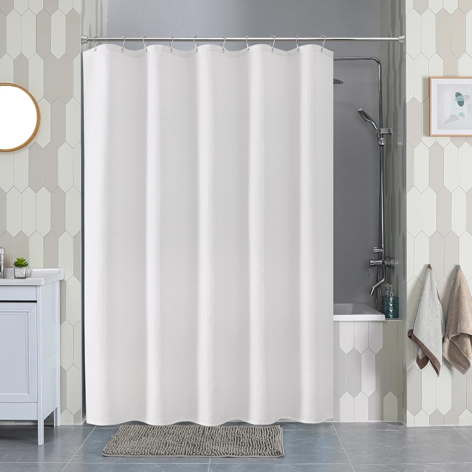 Tenda Con Occhielli E Anelli Inclusi Pameil Tenda Da Doccia, Bianca, In Tessuto Di Poliestere, Resistente Alla Muffa, Impermeabile, Lavabile, Con Anello Per Tenda Da Doccia (colore Bianco, Altezza 200 X Larghezza