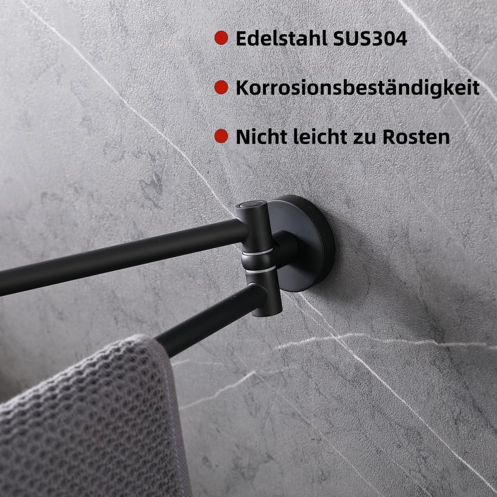 Dwuramienny obrotowy wieszak na ręczniki, montowany na ścianie, ze stali nierdzewnej SUS304, obrót o 180°, oszczędzający miejsce, matowe czarne wykoń - 3