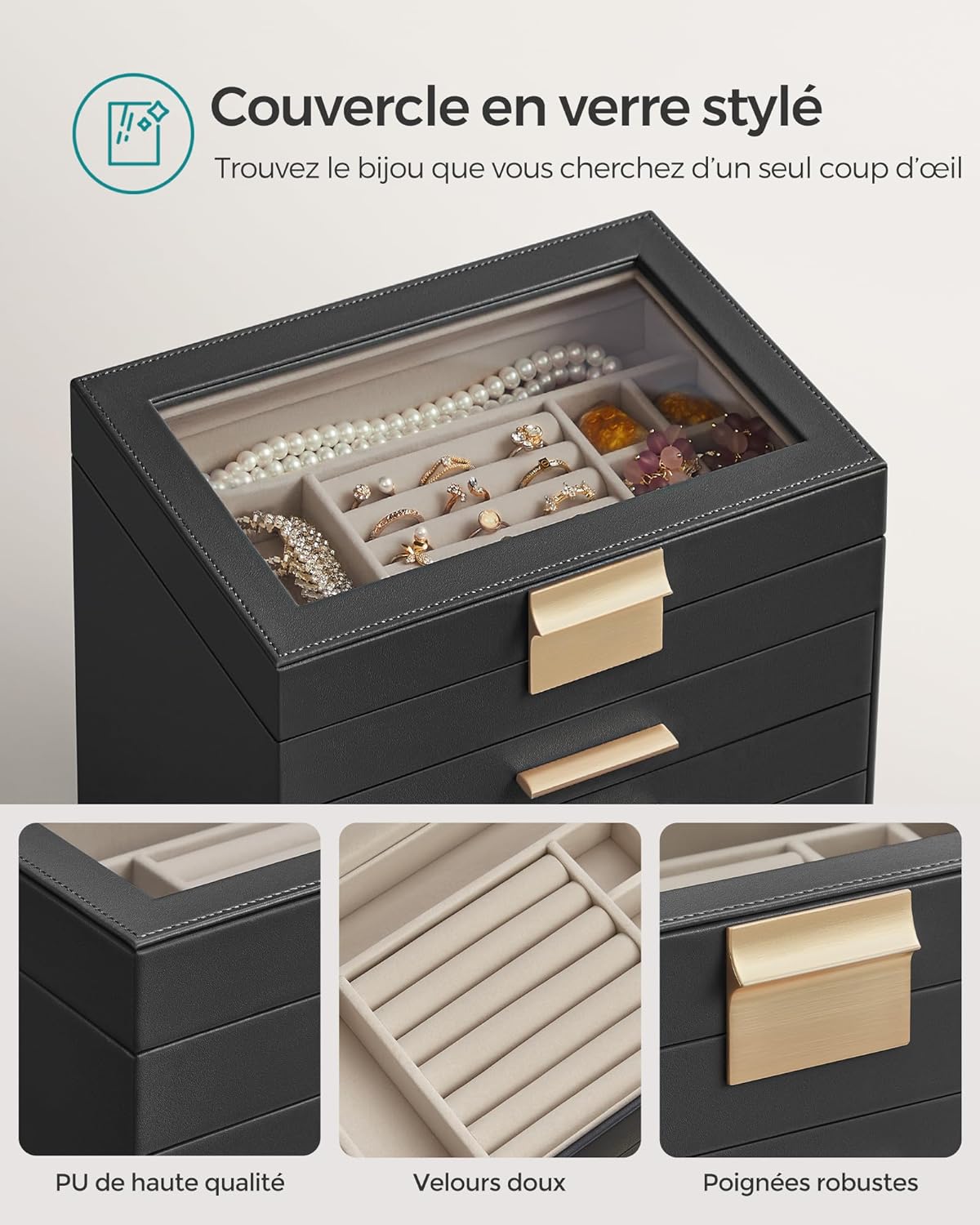 SONGMICS Boîte à Bijoux, Écrin à Accessoires 6 Niveaux, Coffre de Rangement, Couvercle en Verre, 5 Tiroirs, Moderne, Noir Graphite et Doré - 4