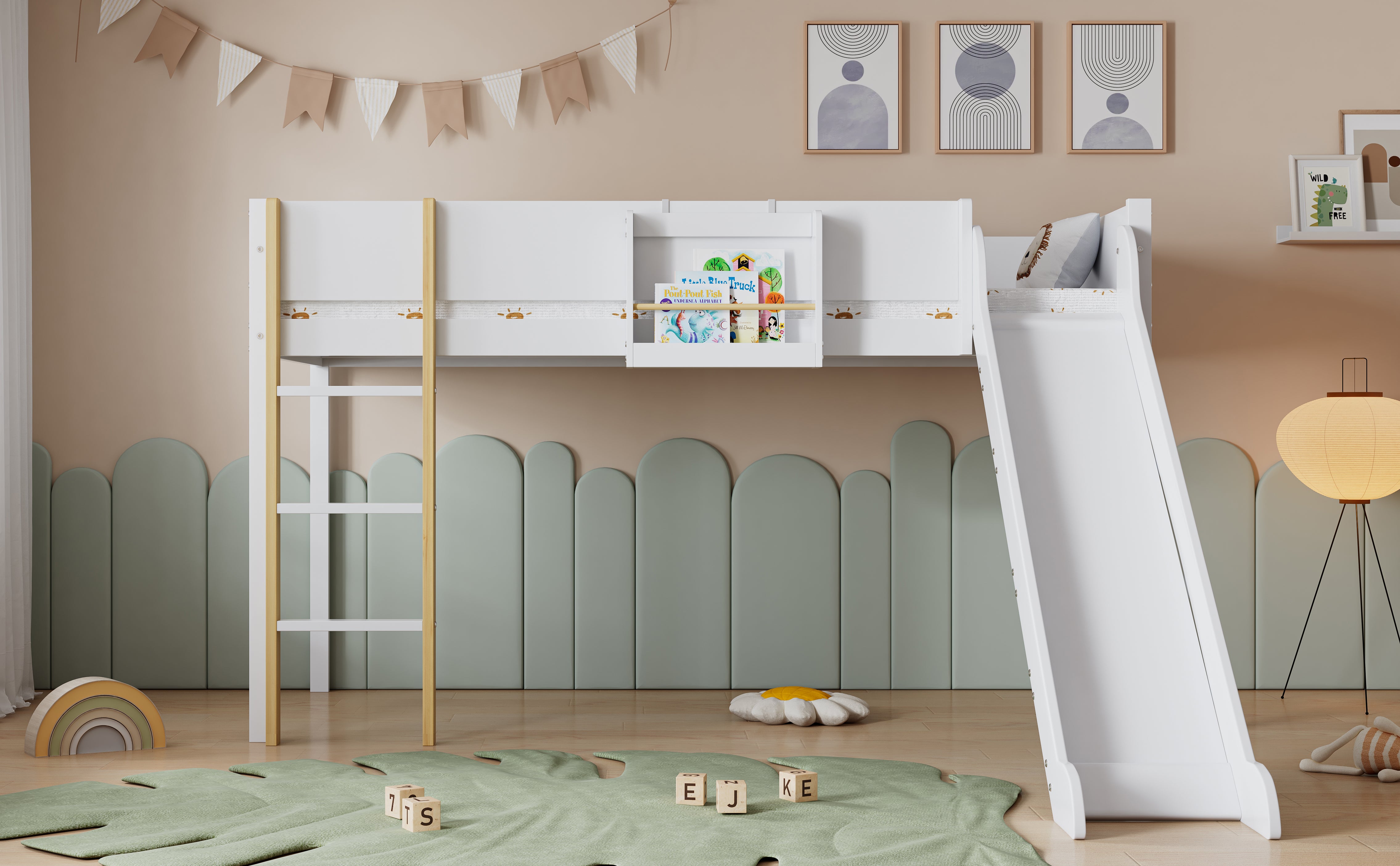 Letto a soppalco 90x200cm, letto a castello con scala dritta a tre gradini, letto per bambini, letto per ragazzi con scivolo, bianco+naturale - 5
