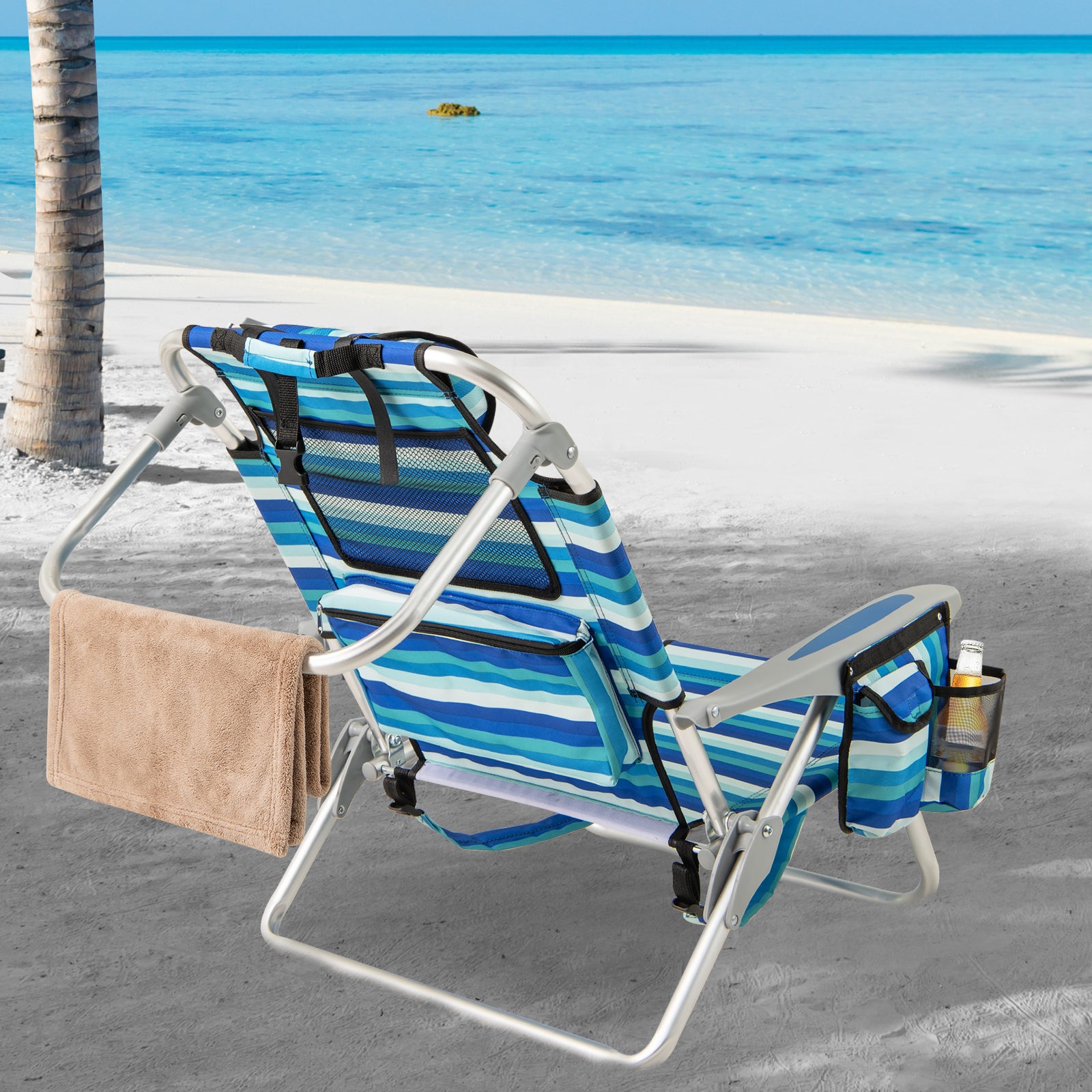 Lot de 2 Chaise de Plage Pliable, Cadre Léger en Aluminium, Chaise Basse avec Dossier Réglable en 4 Positions, Sac Isotherme, pour Camping - 9