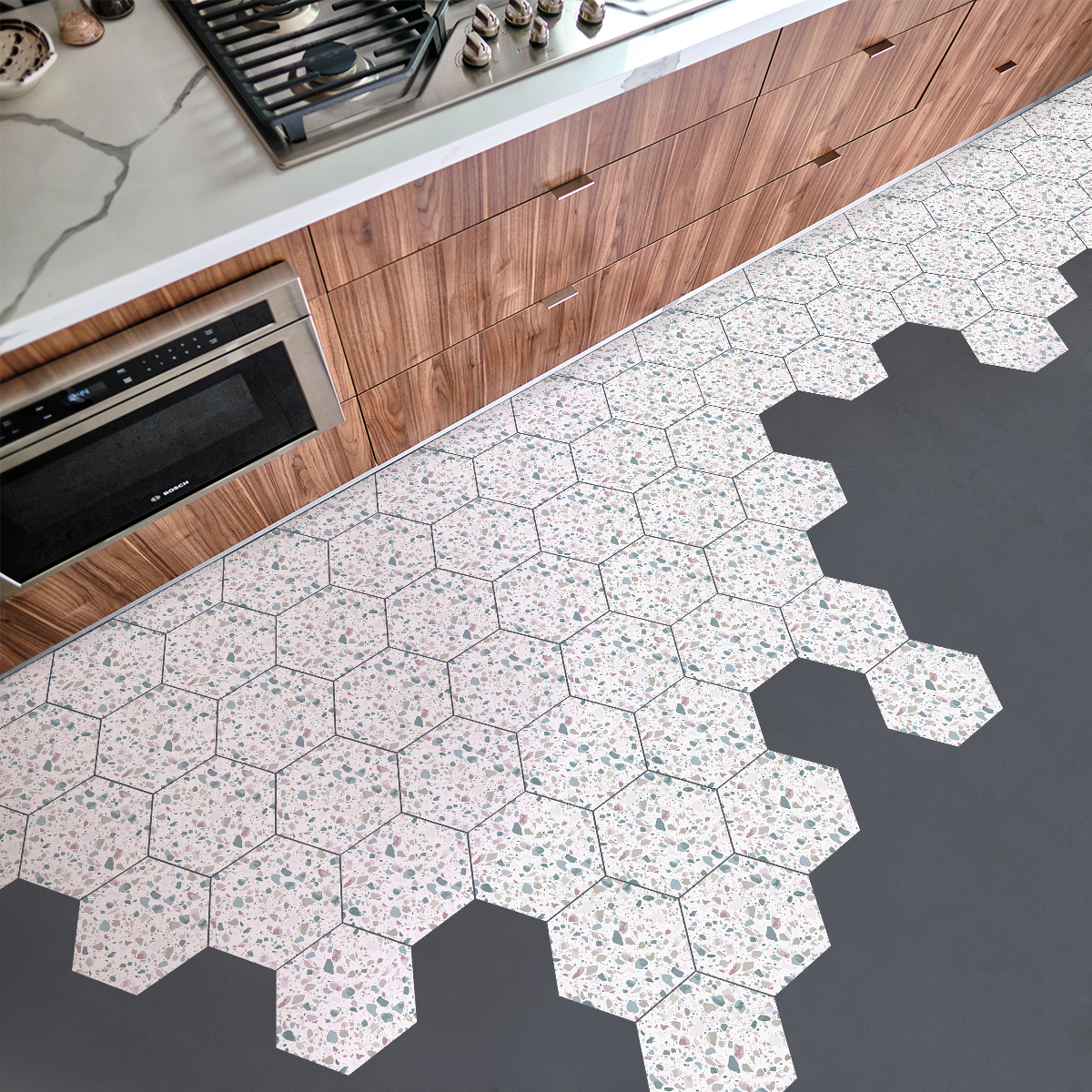 Vinilo baldosas de terrazzo nuccio antideslizante - adhesivo pared - sticker revestimiento - 1 adhesivo 60x135cm-10stickershexagones30x26cm