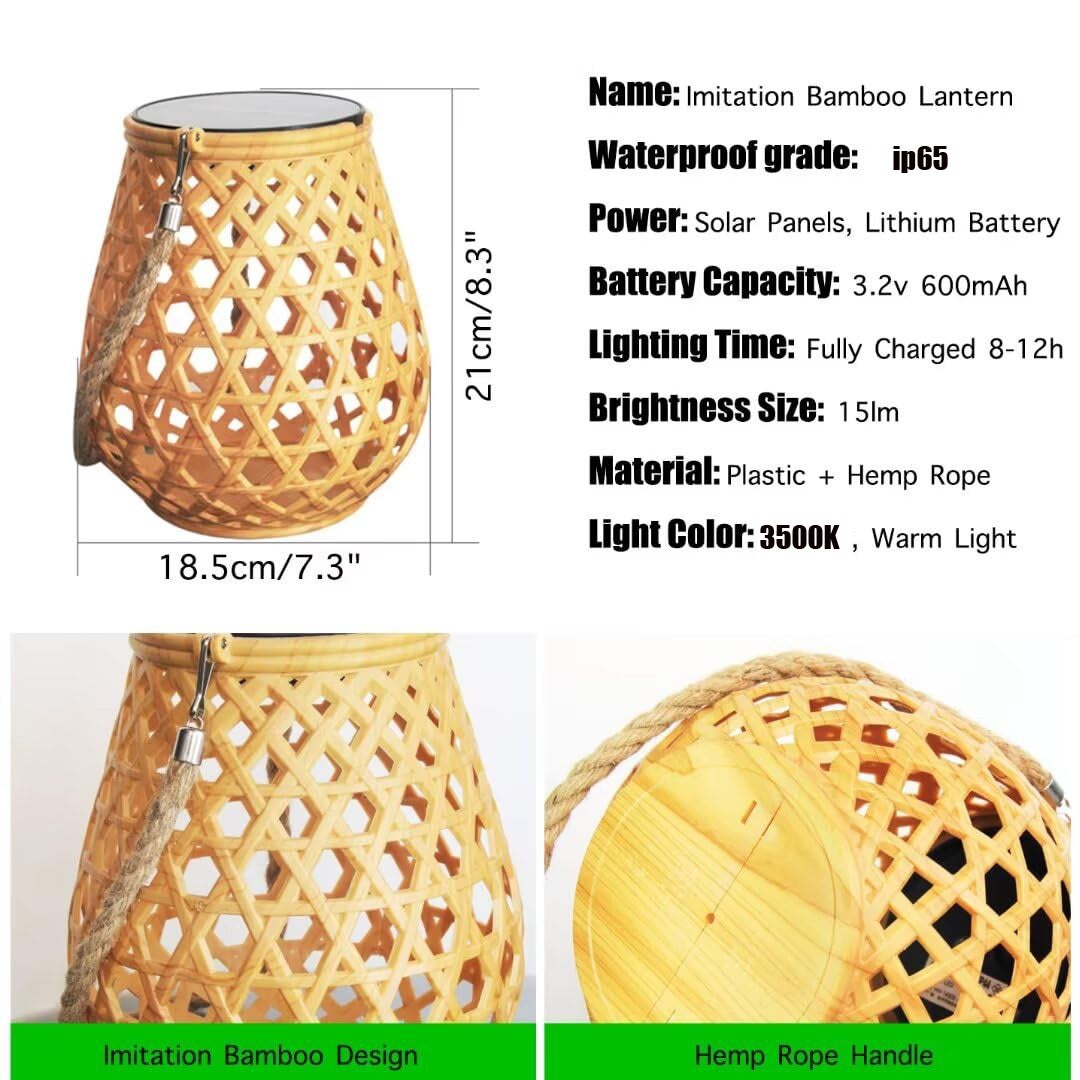 Lanterna Solar Exterior, Luminária Solar com Trama de Bambu Sintético, À Prova de Água IP65, Luz Solar para Jardim, Branco Quente (3500K) - 3