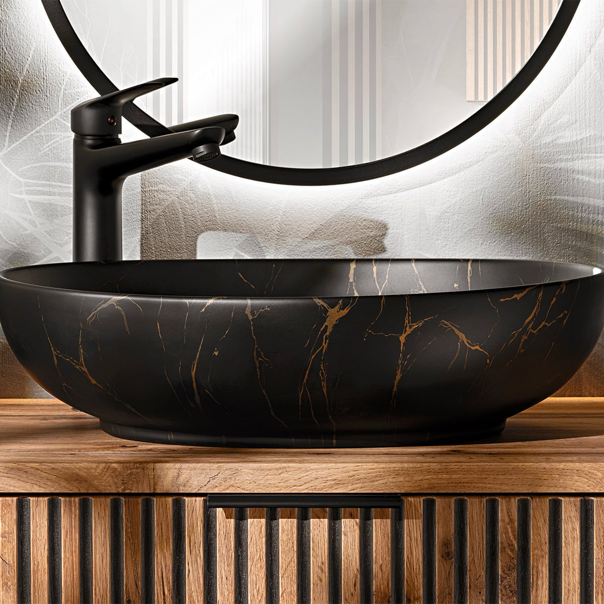 Ensemble meuble double vasque 140cm 2 niches et colonne Gaia Bois et Noir - Vasque Noir - 9