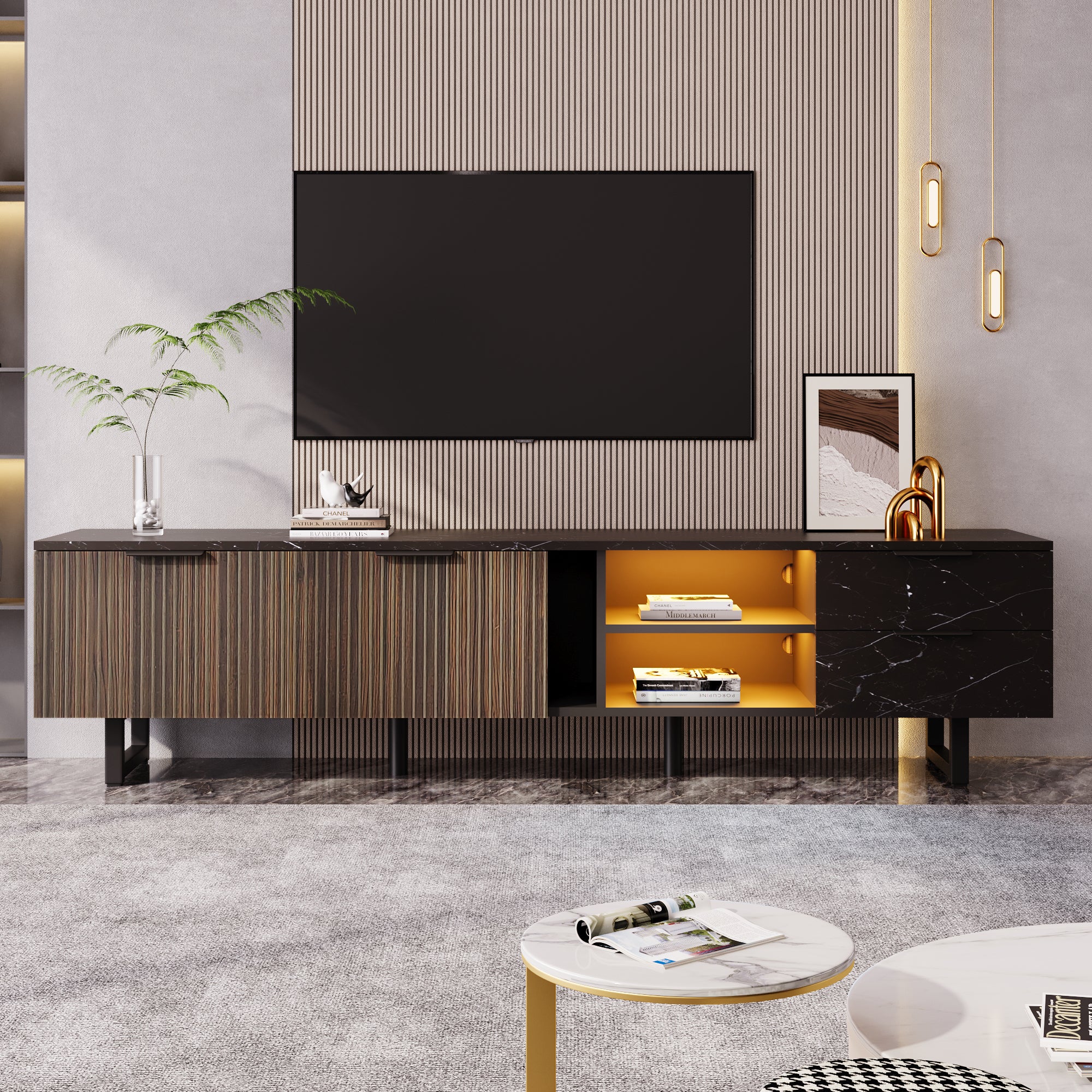 Mobile TV con 2 ante, 2 cassetti e 2 nicchie - 200 x 38 x 50 cm - LED - Legno MDF - Nero + legno - 6
