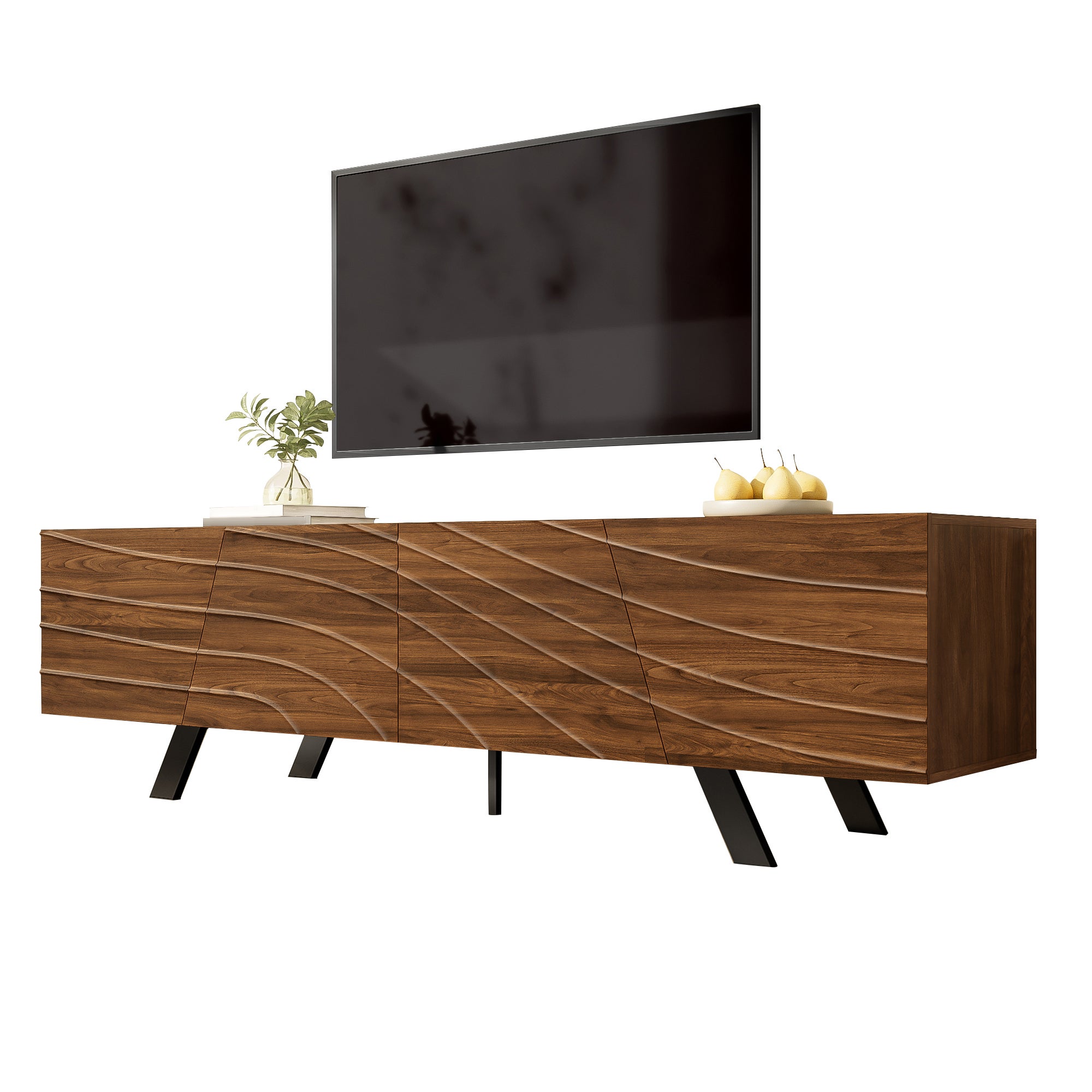 Lowboard z falistą frontą - Wzór dębu orzechowego, stalowe nogi czarne, 160x39x50,5 cm, duży magazyn, Zarządzanie kablowaniem