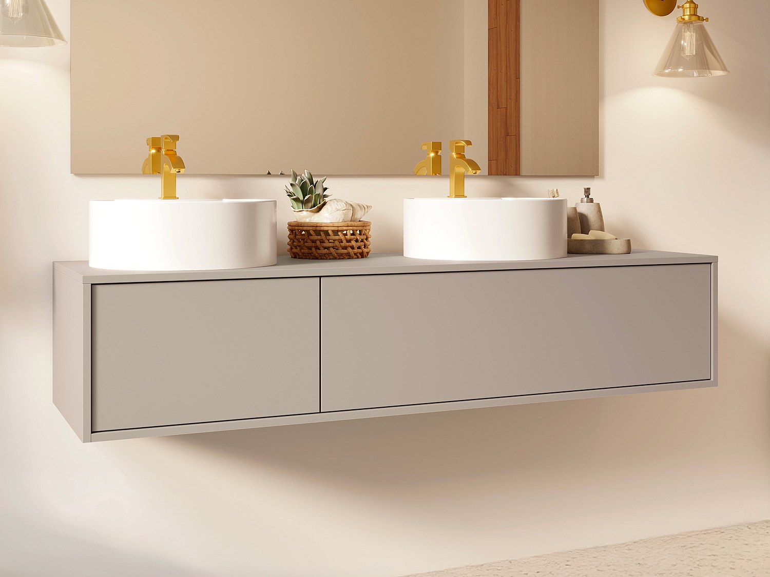 Szafka łazienkowa wisząca w kolorze beżowym z podwójną okrągłą umywalką - L150 cm - ISAURE II