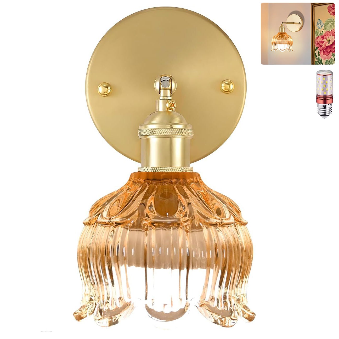 Lampa ścienna z żarówką, lampka nocna w stylu vintage, lampa ścienna do lustra łazienkowego, lampa ścienna kwiat z szklanym kloszem