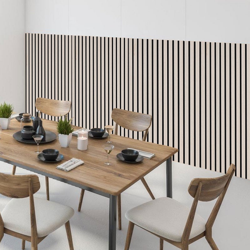 Panel de pared de MDF natural con acabado tipo listón. Panel acústico moderno en chapa de madera y fieltro, 120x60x2,1 cm, roble. - 7