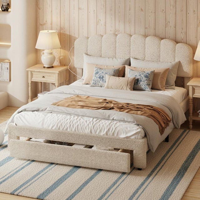 Cama 160 x 200 cm - Estructura de cama doble 160 - con cajón y puertos USB/Tipo C - Cabecero ajustable - Tejido de felpa Teddy Beige
