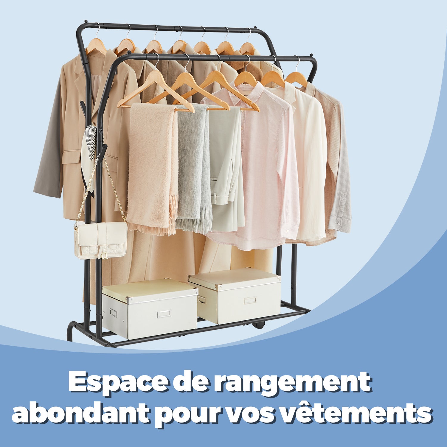 Portant à Vêtements, Double Barre avec Roues, Robuste, Rangement et Présentation de Vêtements, Noir - 3