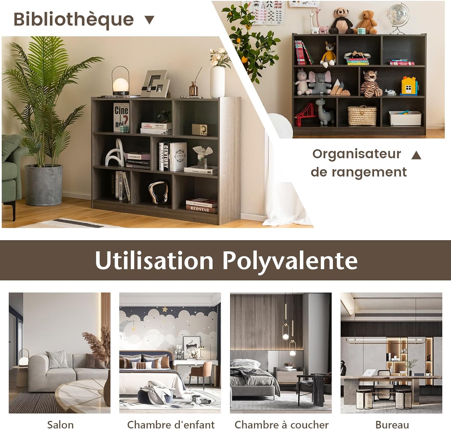 Scaffale Multiuso a 3 Livelli, Mobiletto Espositore Moderno a 8 Cubi, Libreria di Legno per Bambini, Organizer Giocattoli per Camera da Letto, - 3