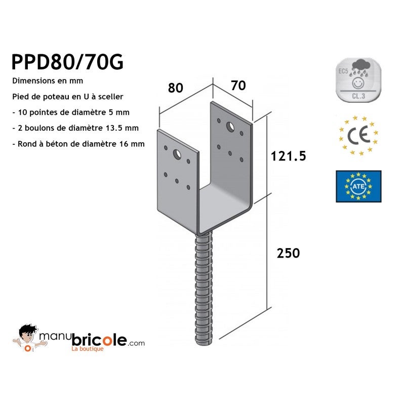 Pied de poteau en U larg80 prof70 - SIMPSON - 2