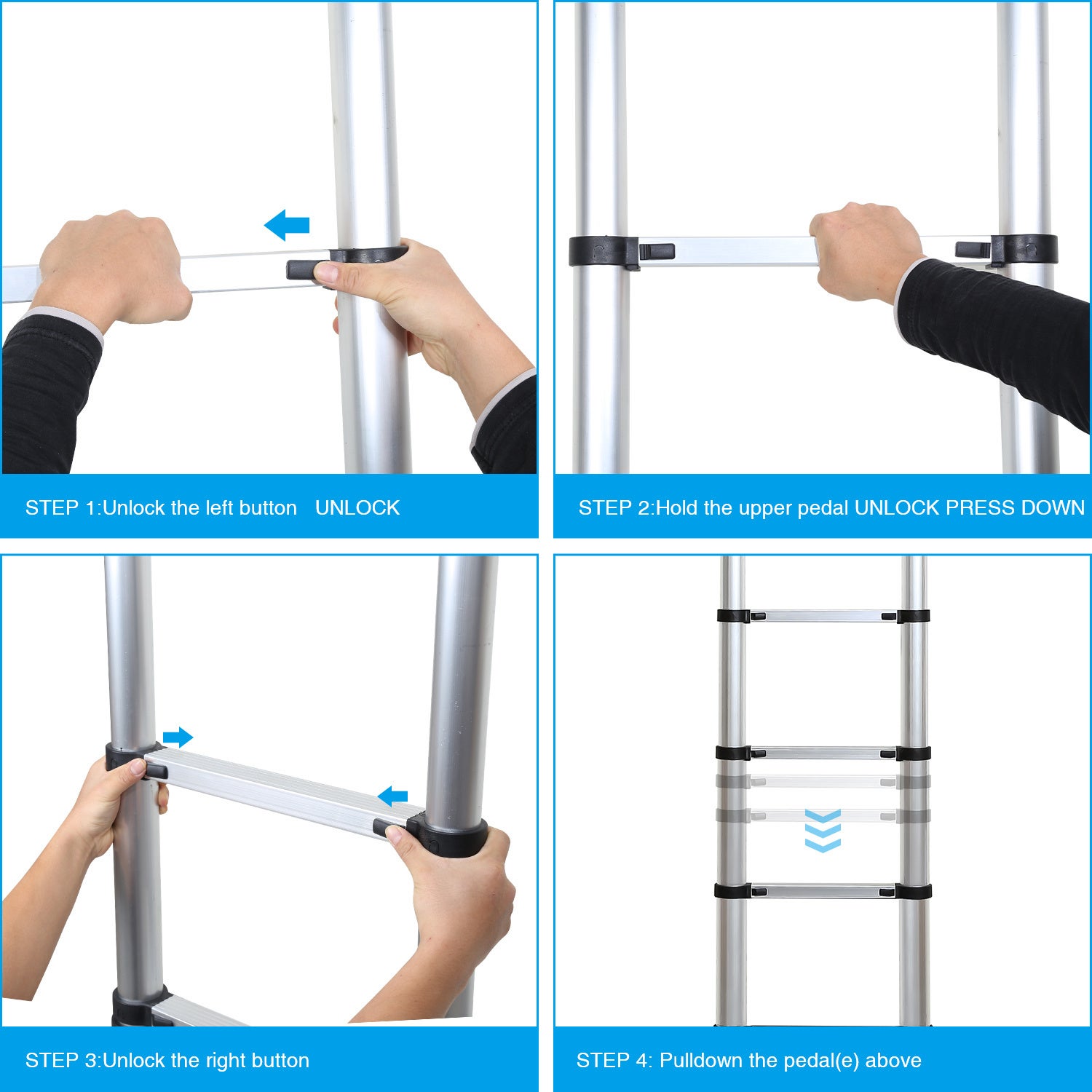 Échelle télescopique escabeau 2,6m argentée avec crochets amovibles, multifonction, 150kg - 3