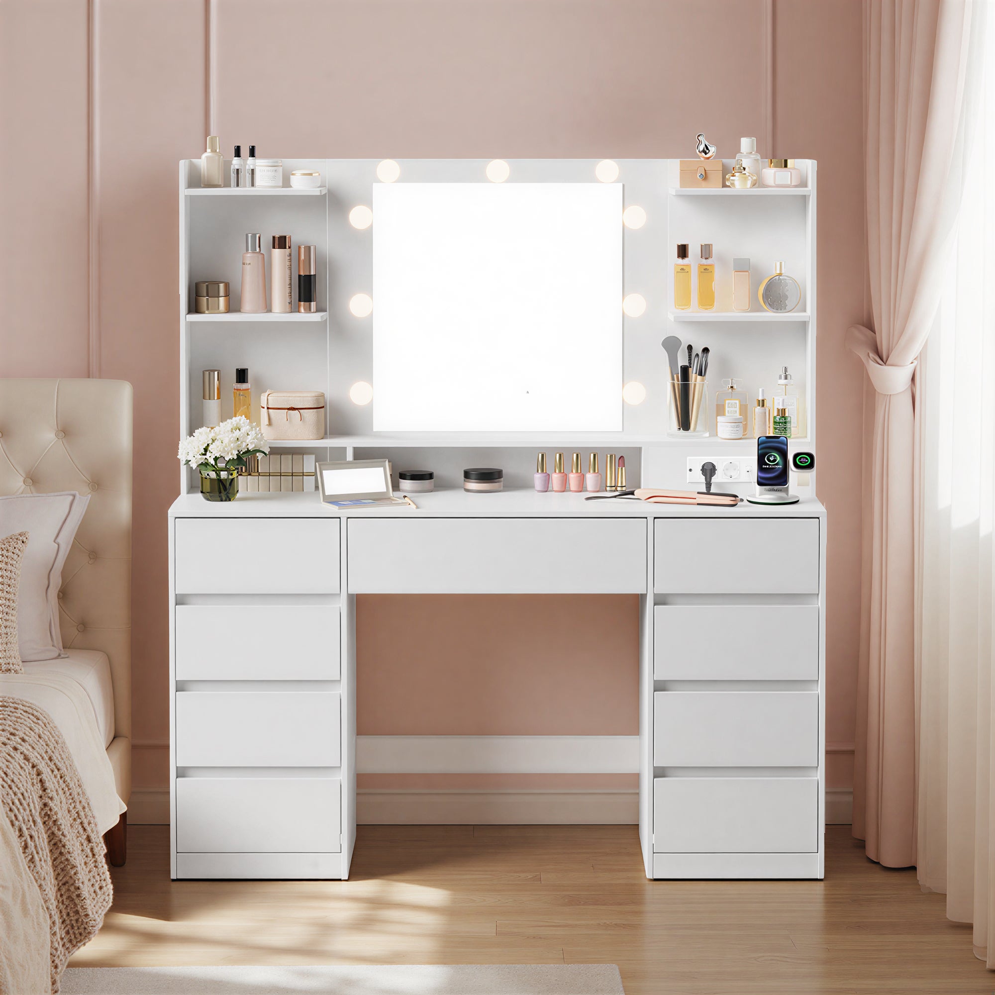 VASAGLE Coiffeuse avec Miroir LED, Multiprise, 9 Tiroirs, 9 Ampoules, Éclairage 3 Couleurs, Blanc - 2